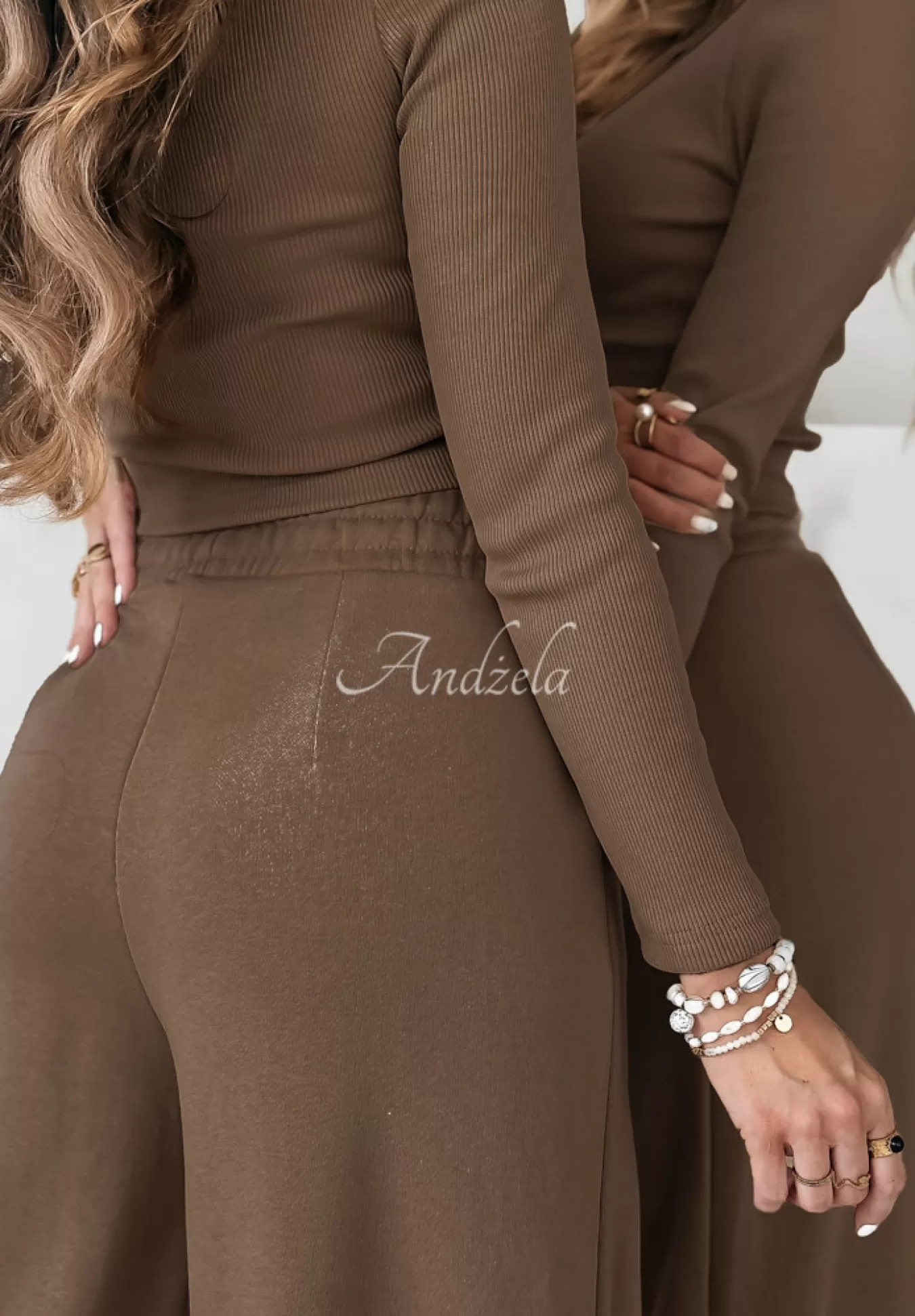 Discount Komplet Prazkowana Bluzka I Spodnie Wide Leg Don'T Stop Czekoladowy Kobieta Bluzki