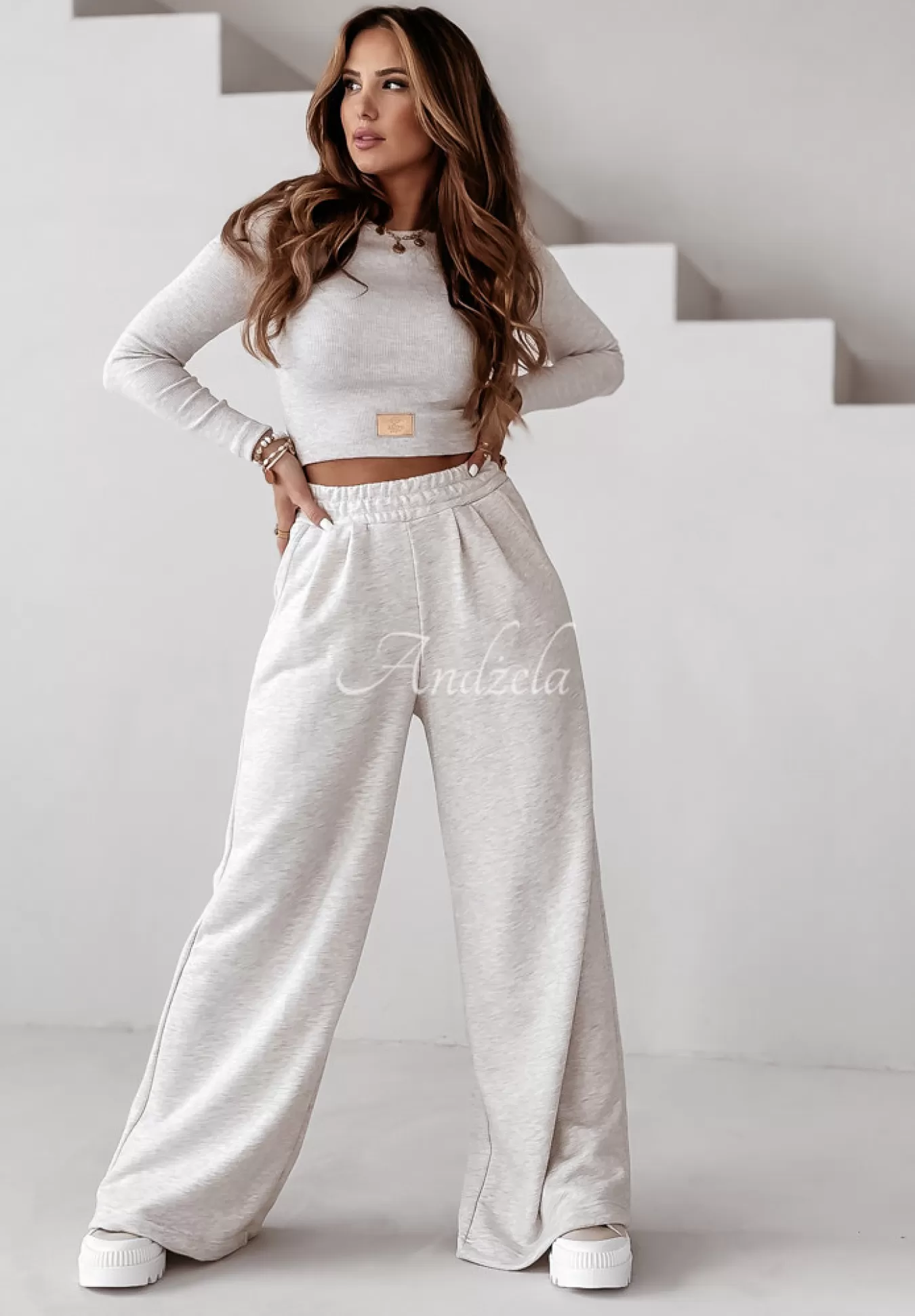 Best Sale Komplet Prazkowana Bluzka I Spodnie Wide Leg Don'T Stop Jasnobezowy Kobieta Bluzki