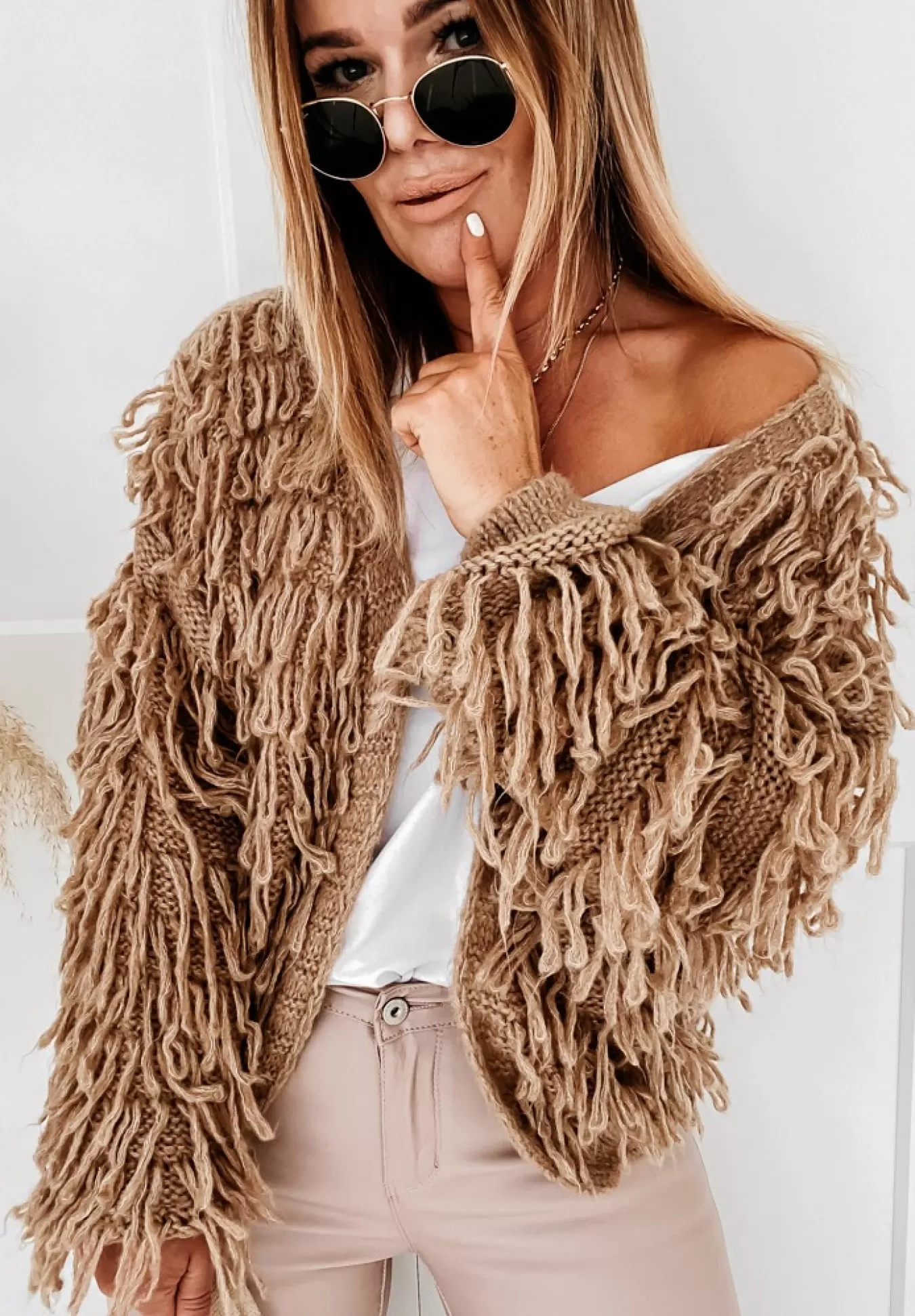 Cheap Krotki Kardigan Z Fredzlami Fringe Camelowy Kobieta Kardigany