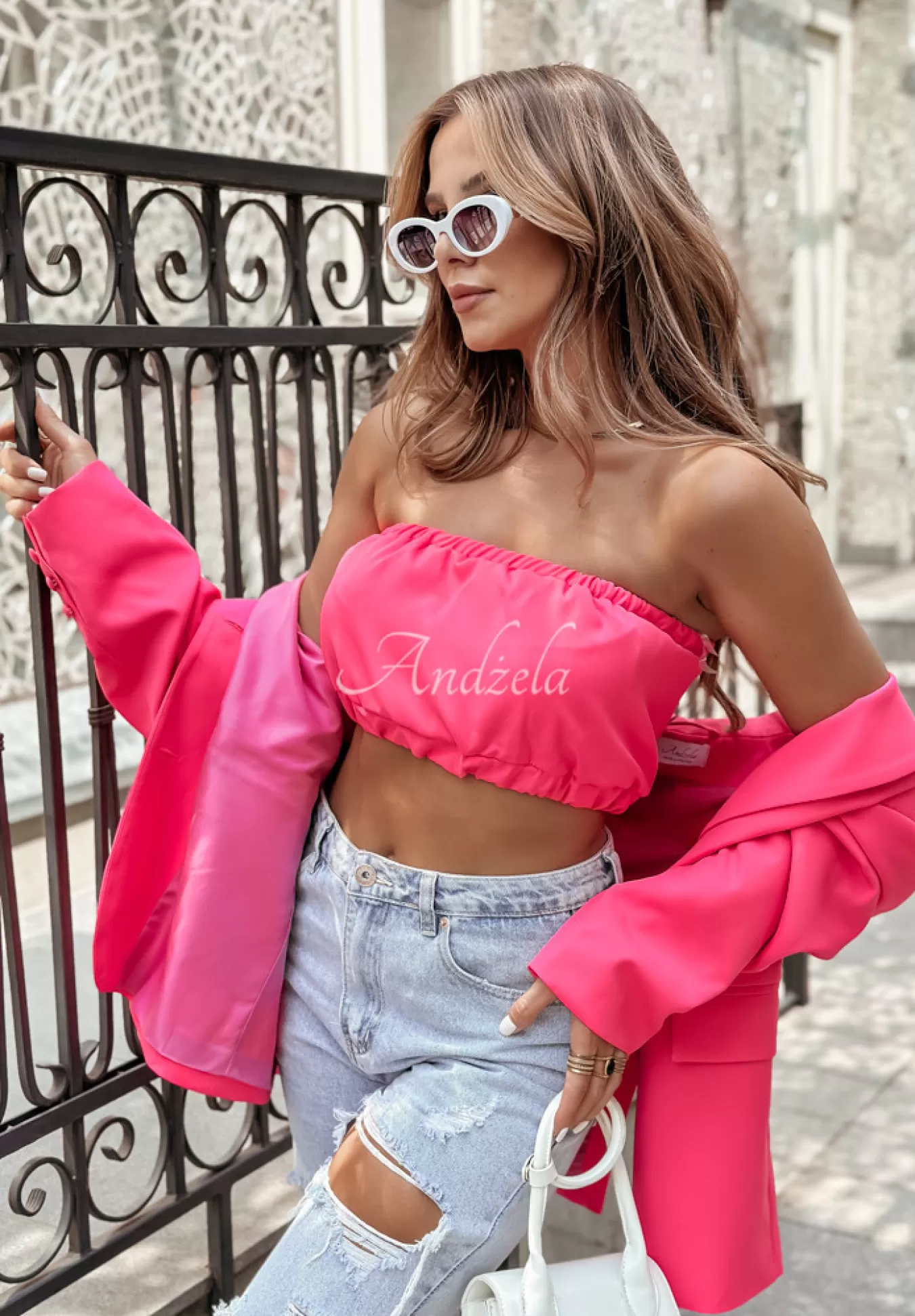 Flash Sale Krotki Top Opaska Bez Ramiaczek Think About Me Neonowy Rozowy Kobieta Garnitury