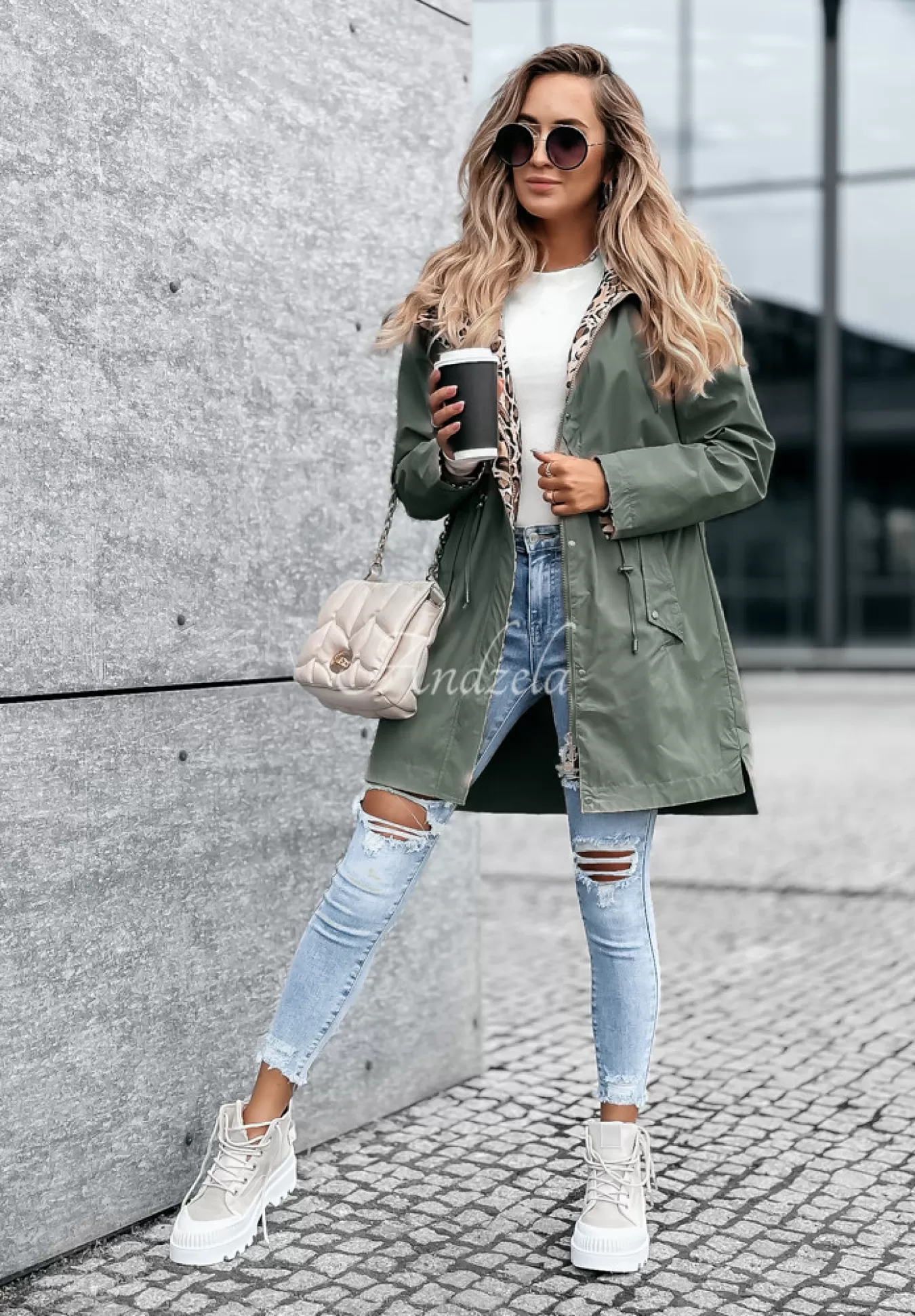 Fashion Kurtka Parka Z Kapturem Lil Panther Khaki Kobieta Kurtki