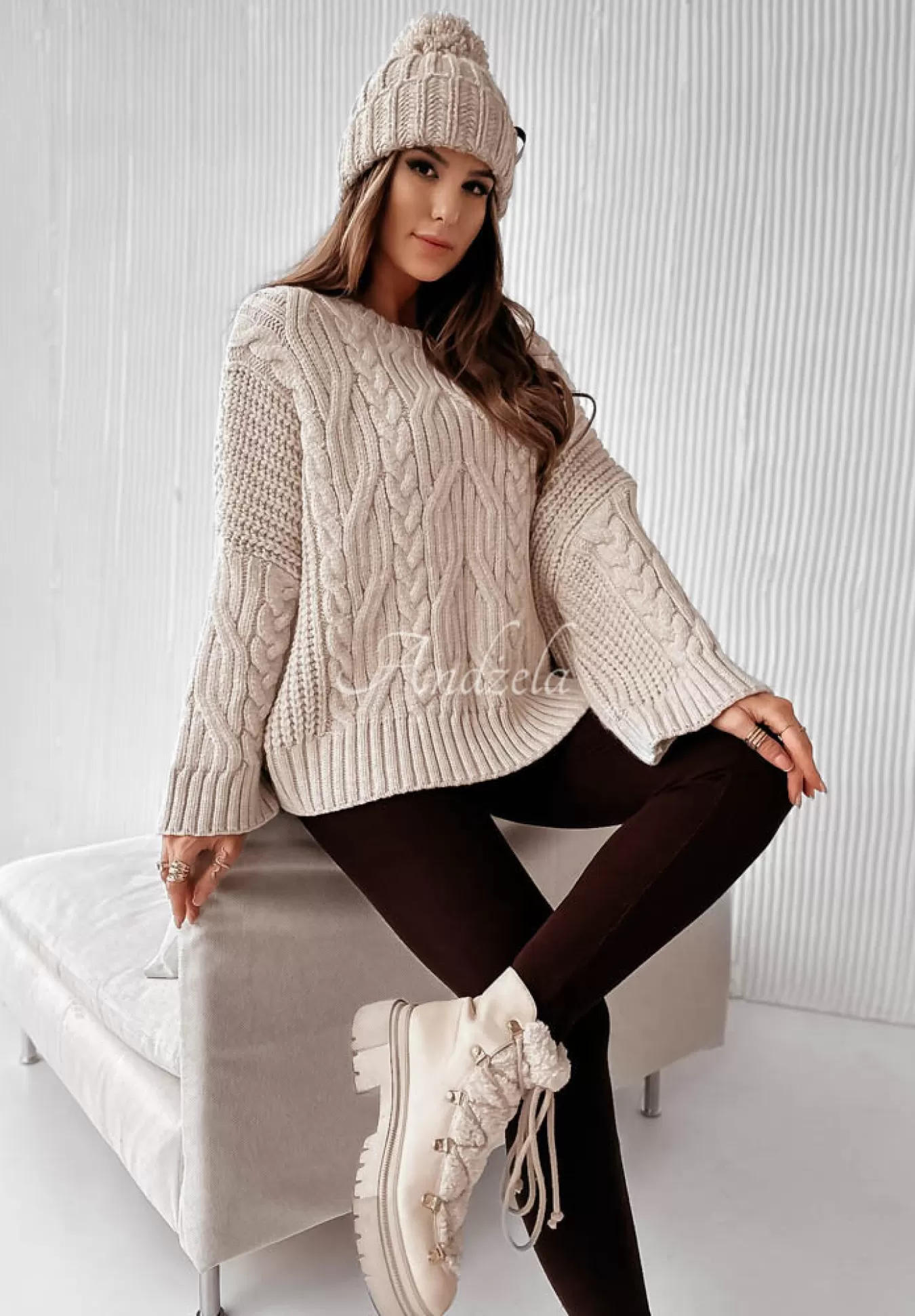 Sale Ozdobnie Pleciony Sweter Oversize Cocomore Nicco Bezowy Kobieta Swetry