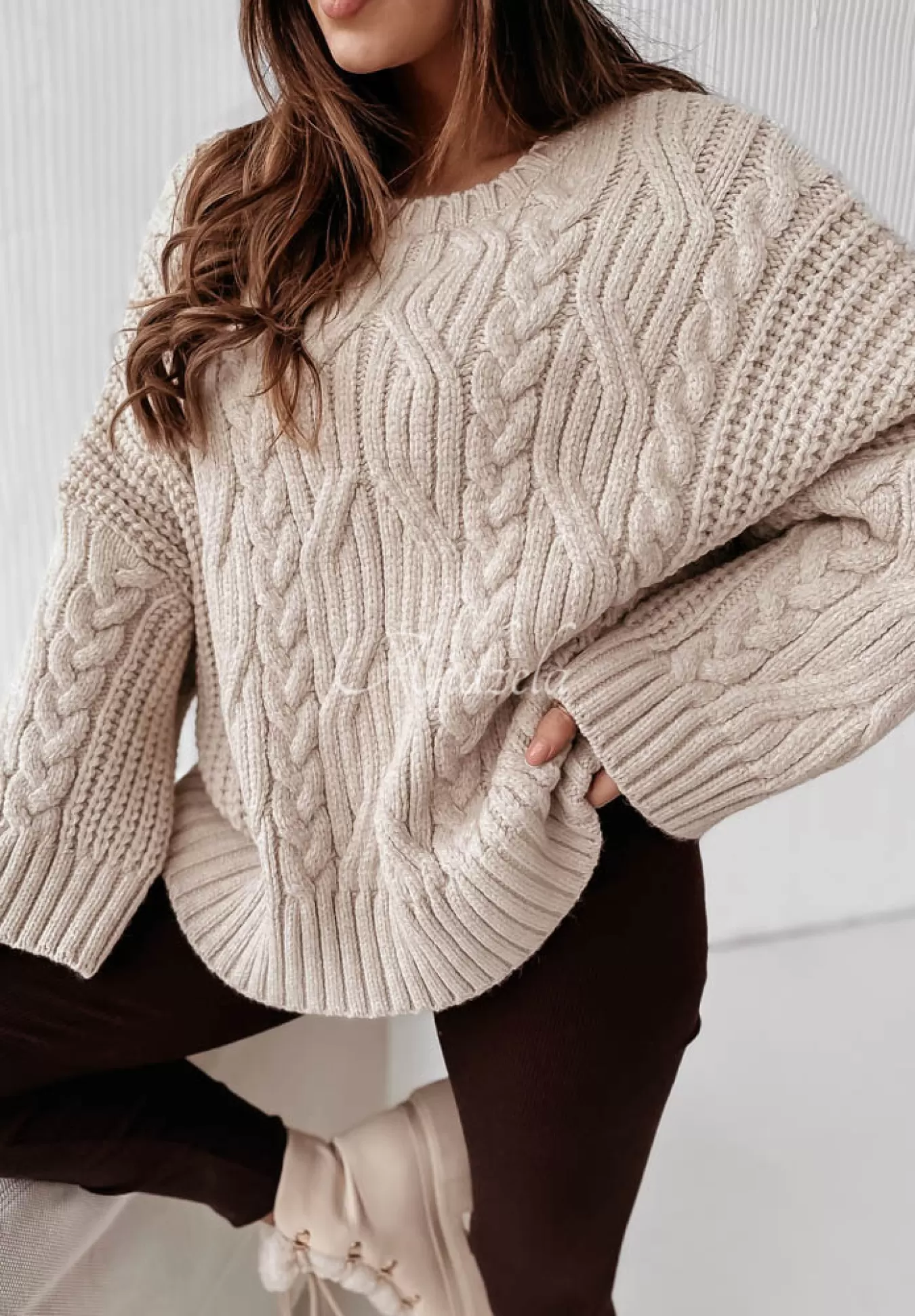 Sale Ozdobnie Pleciony Sweter Oversize Cocomore Nicco Bezowy Kobieta Swetry