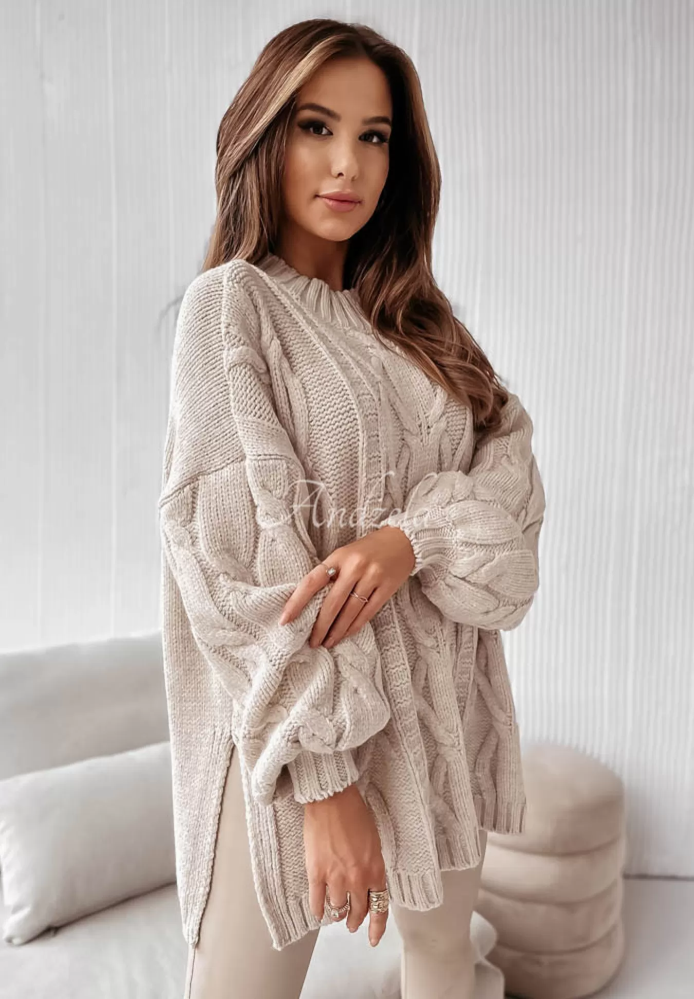 Best Ozdobnie Pleciony Sweter Oversize Cocomore Vivaldo Bezowy Kobieta Swetry