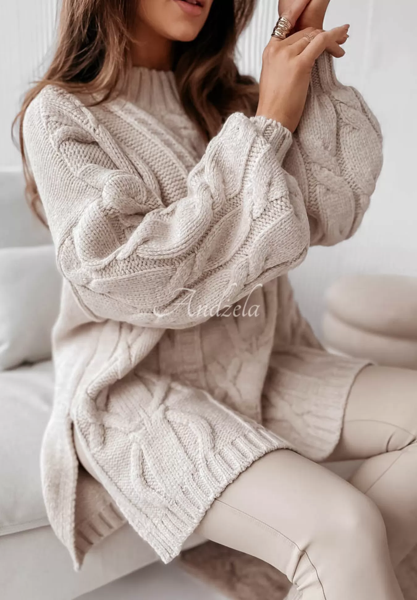 Best Ozdobnie Pleciony Sweter Oversize Cocomore Vivaldo Bezowy Kobieta Swetry