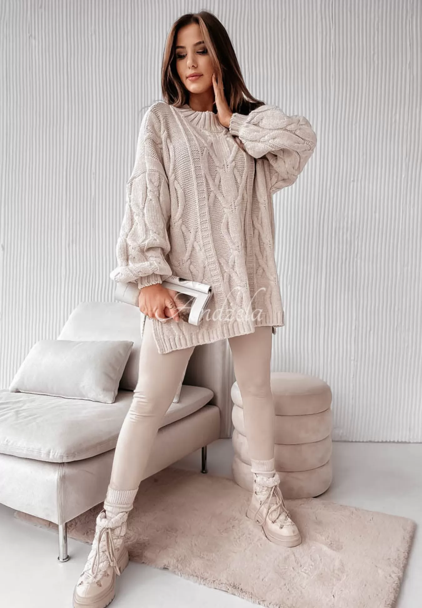 Best Ozdobnie Pleciony Sweter Oversize Cocomore Vivaldo Bezowy Kobieta Swetry