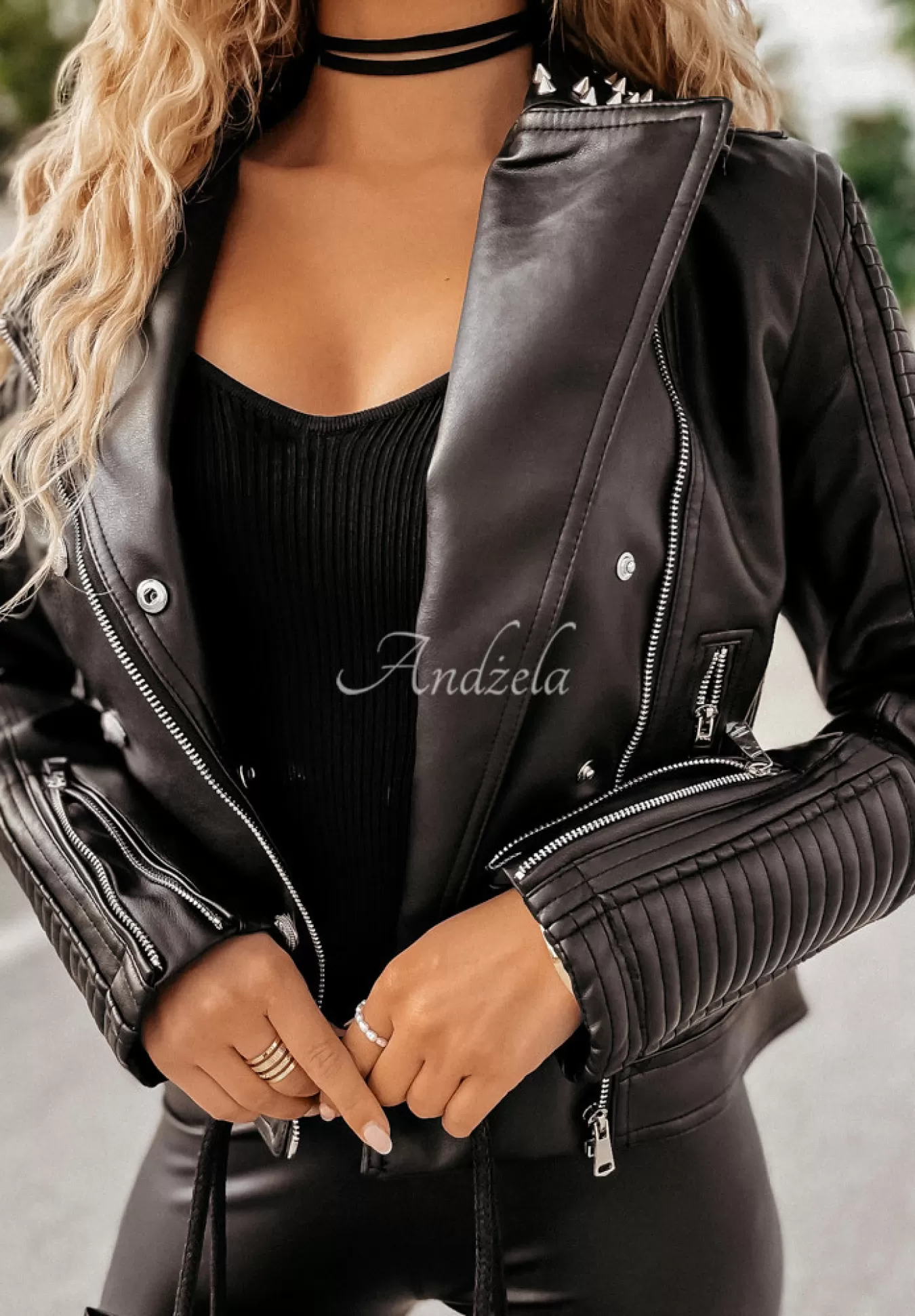 Best Sale Ramoneska Z Imitacji Skory Z Cwiekami Think Twice Czarna Kobieta Kurtki