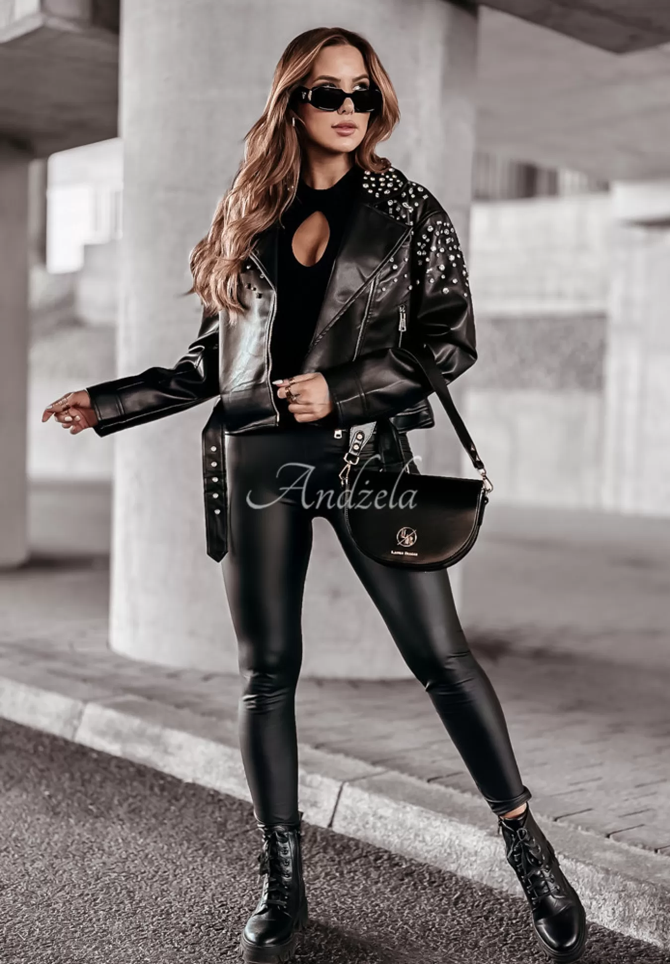 Fashion Ramoneska Z Imitacji Skory Z Krysztalkami Pure Bliss Czarna Kobieta Kurtki