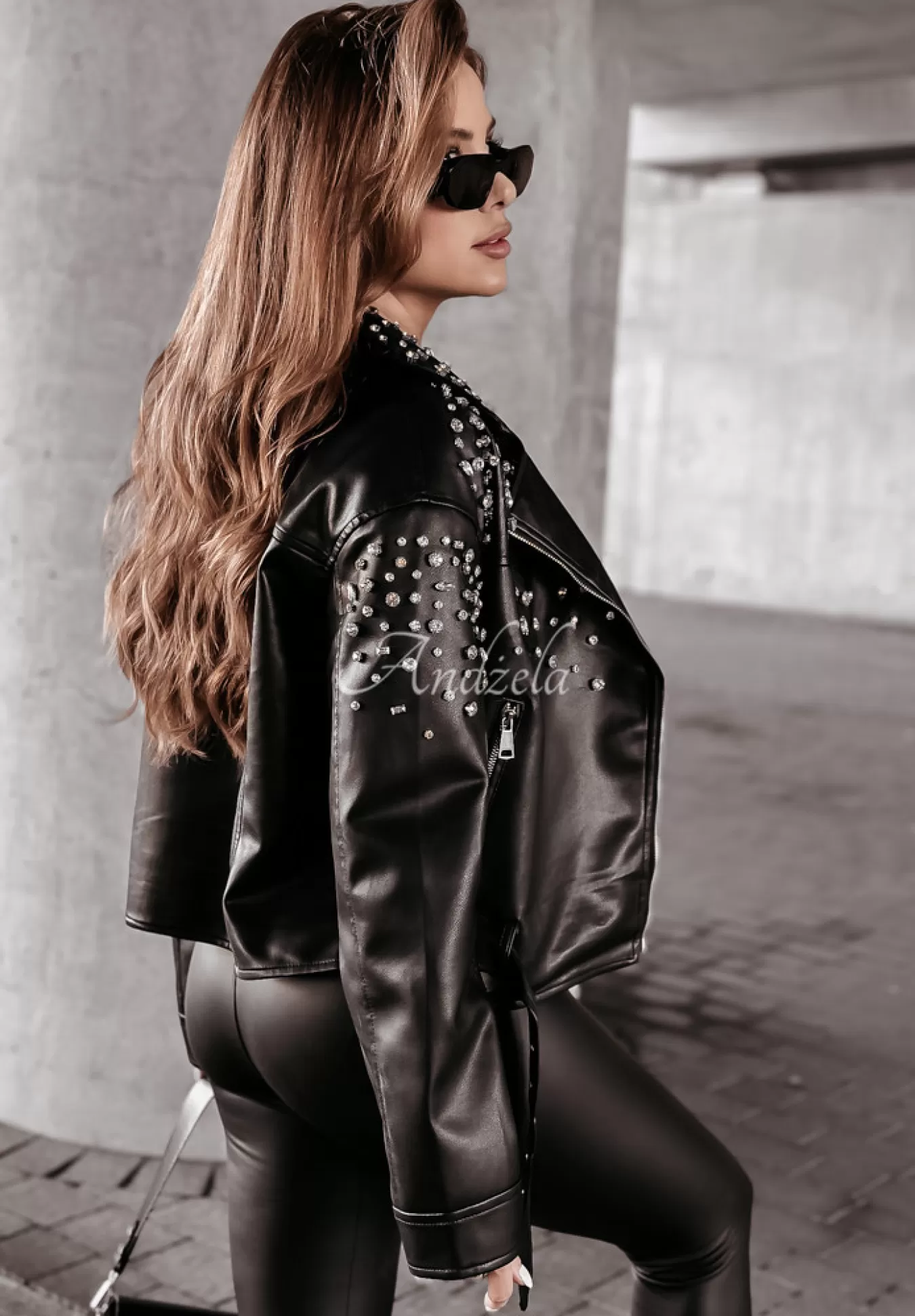 Fashion Ramoneska Z Imitacji Skory Z Krysztalkami Pure Bliss Czarna Kobieta Kurtki