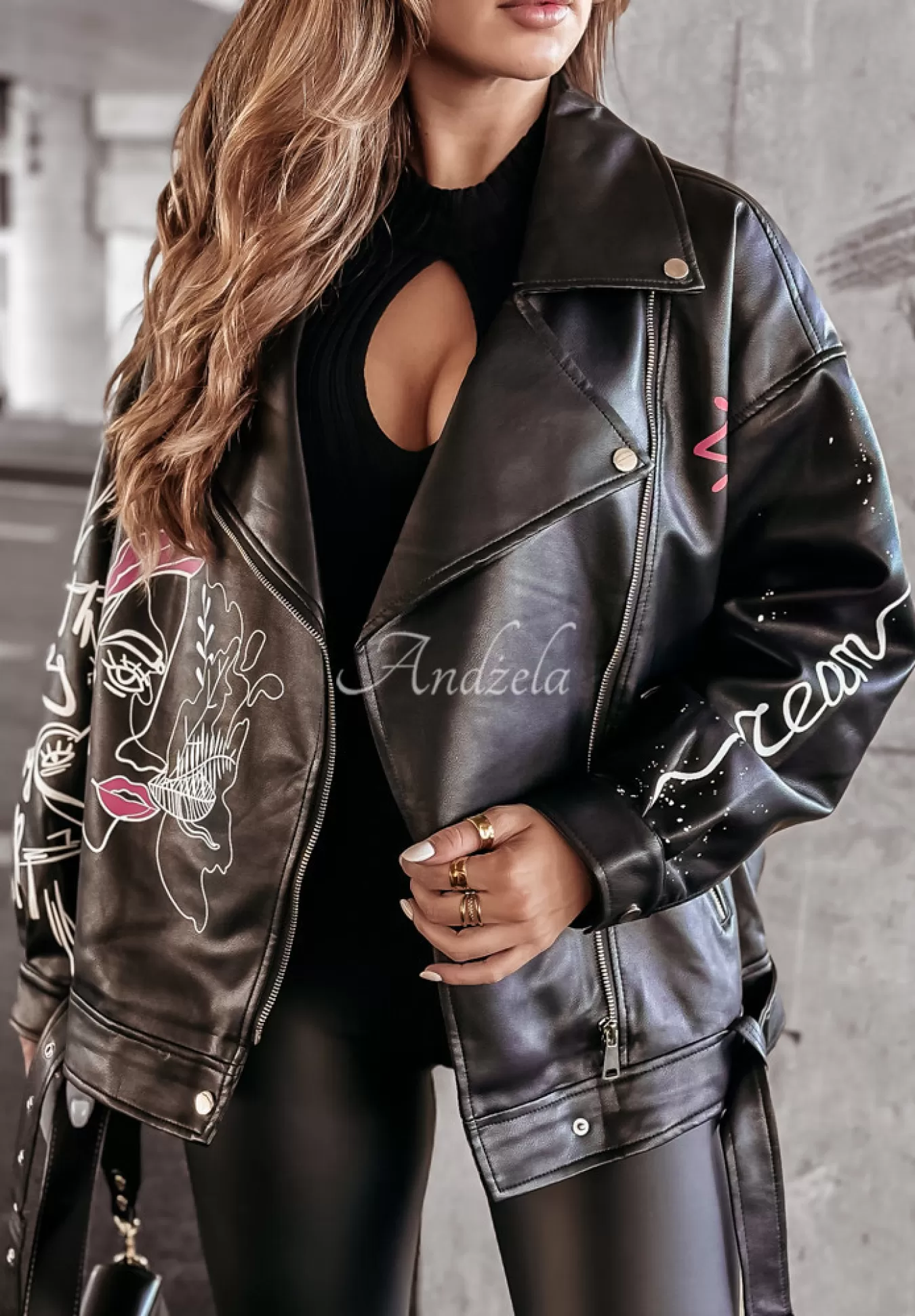 Fashion Ramoneska Z Imitacji Skory Z Nadrukiem Stop Following Me Czarna Kobieta Kurtki