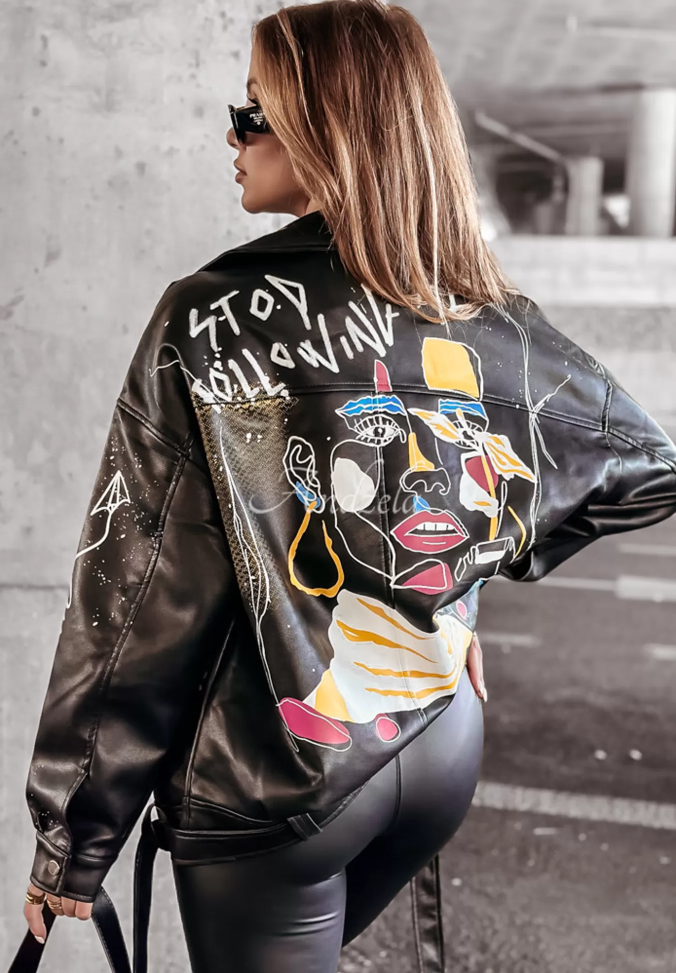 Fashion Ramoneska Z Imitacji Skory Z Nadrukiem Stop Following Me Czarna Kobieta Kurtki