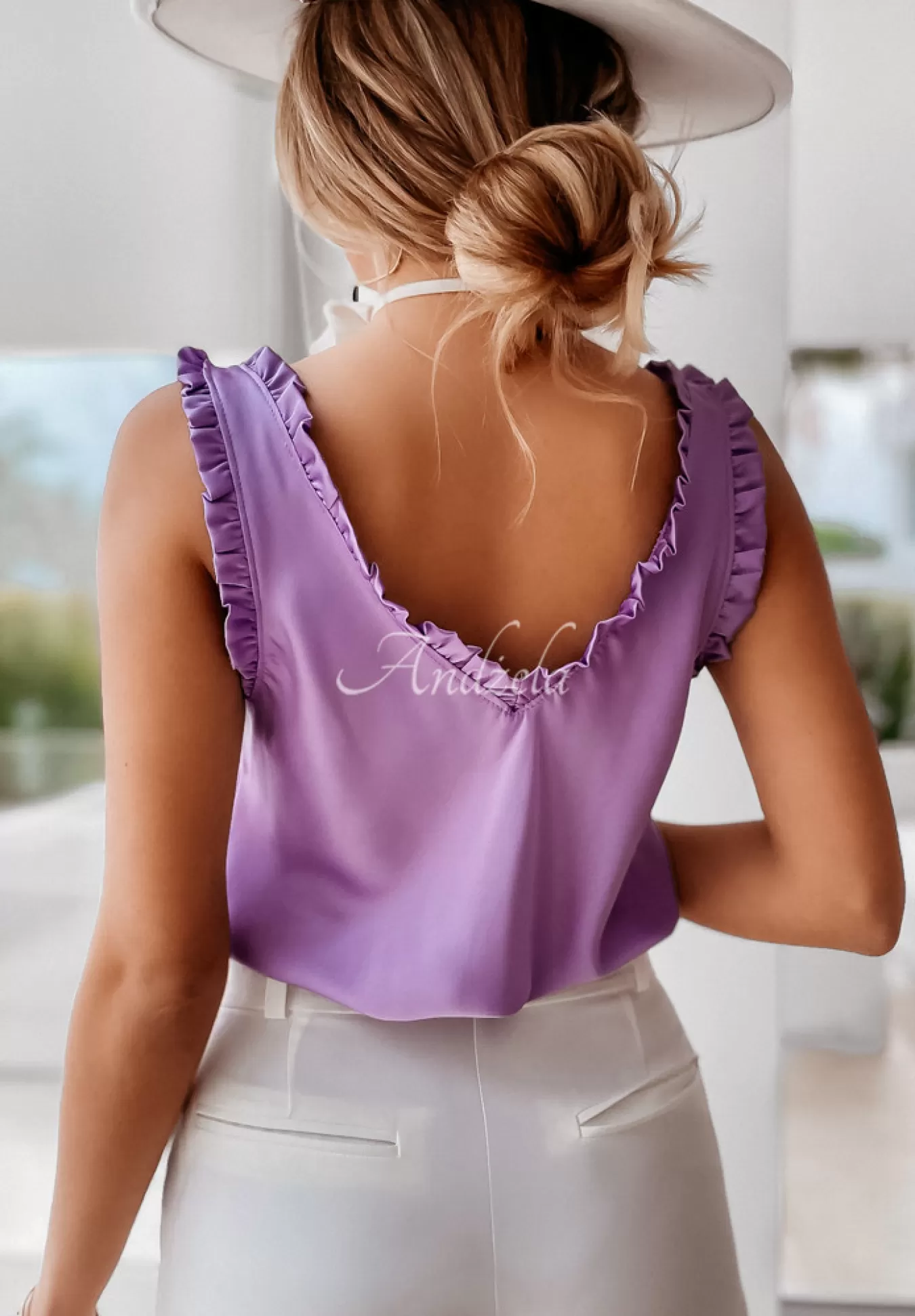 Flash Sale Satynowy Top Z Falbankami World Is Mine Liliowy Kobieta Topy