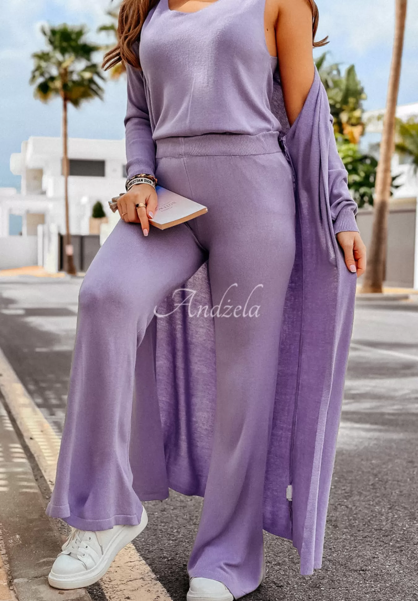 Flash Sale Spodnie Dzianinowe Wide Leg Back To Basics Liliowe Kobieta Spodnie