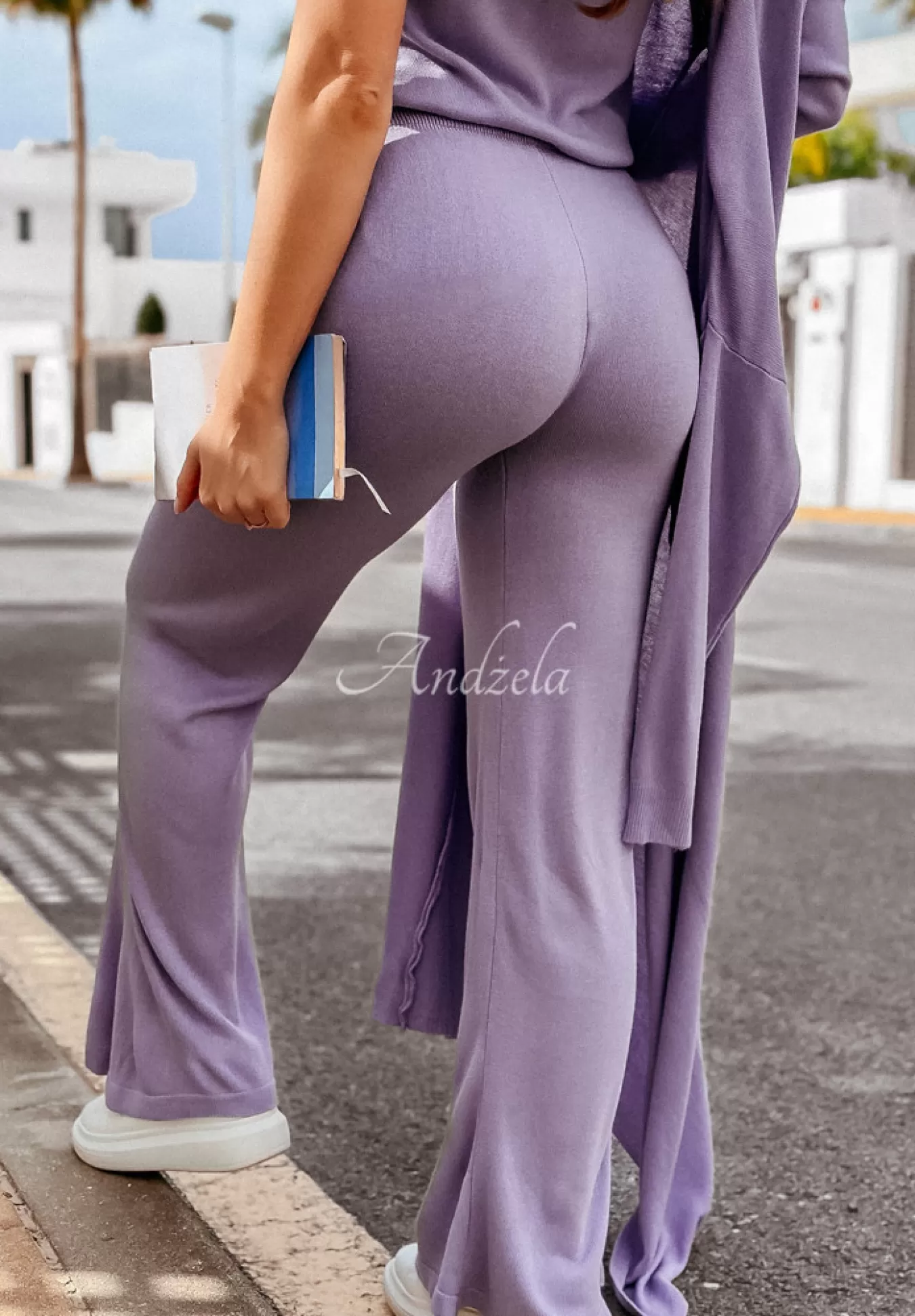 Flash Sale Spodnie Dzianinowe Wide Leg Back To Basics Liliowe Kobieta Spodnie