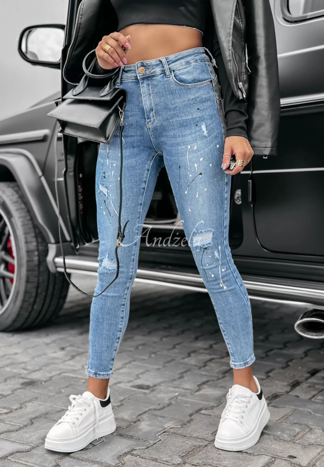 Sale Spodnie Jeansowe Skinny Splashy Niebieskie Kobieta Jeansy