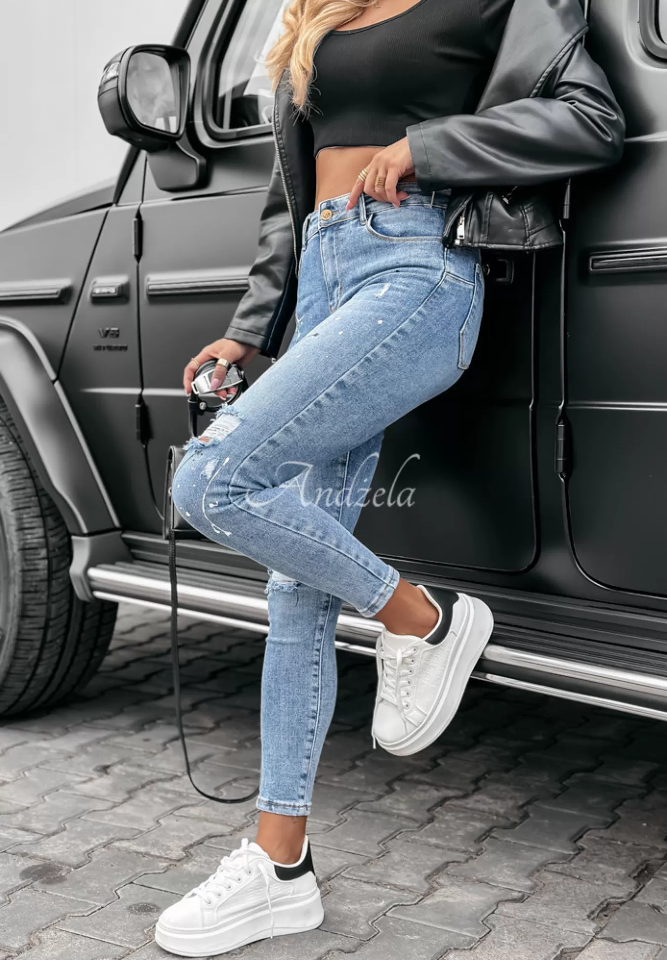 Sale Spodnie Jeansowe Skinny Splashy Niebieskie Kobieta Jeansy