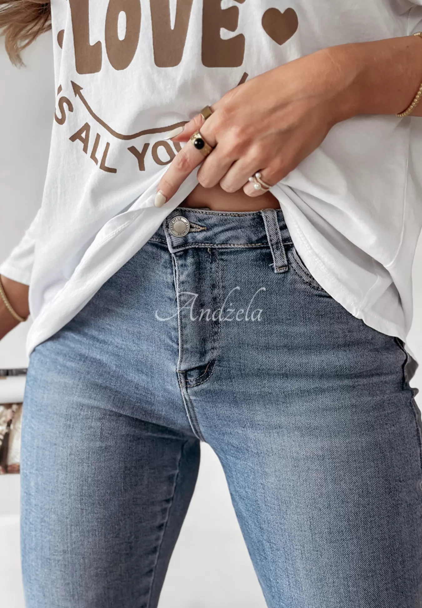 Best Sale Spodnie Jeansowe Skinny Z Guzikami Don'T Waste My Time Niebieskie Kobieta Jeansy