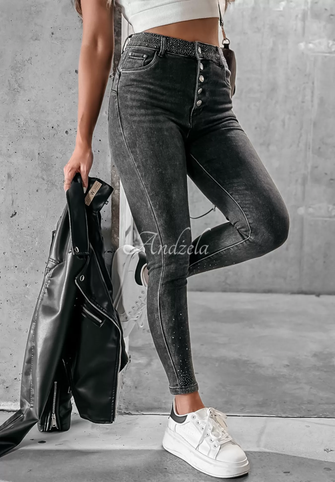 Shop Spodnie Jeansowe Skinny Z Krysztalkami More Bling Please Ciemnoszare Kobieta Jeansy
