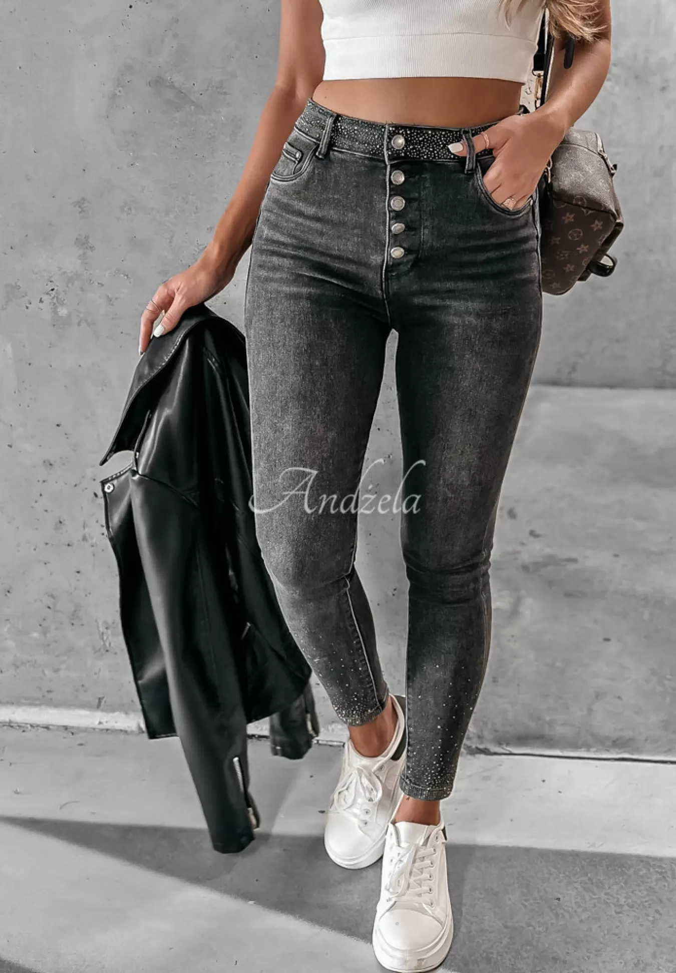 Shop Spodnie Jeansowe Skinny Z Krysztalkami More Bling Please Ciemnoszare Kobieta Jeansy