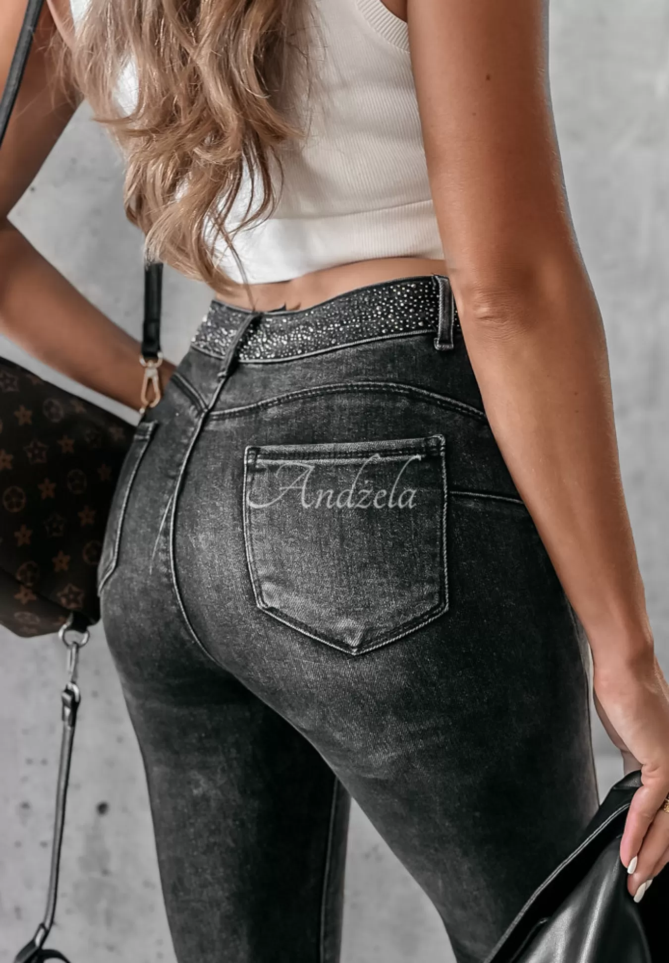 Shop Spodnie Jeansowe Skinny Z Krysztalkami More Bling Please Ciemnoszare Kobieta Jeansy
