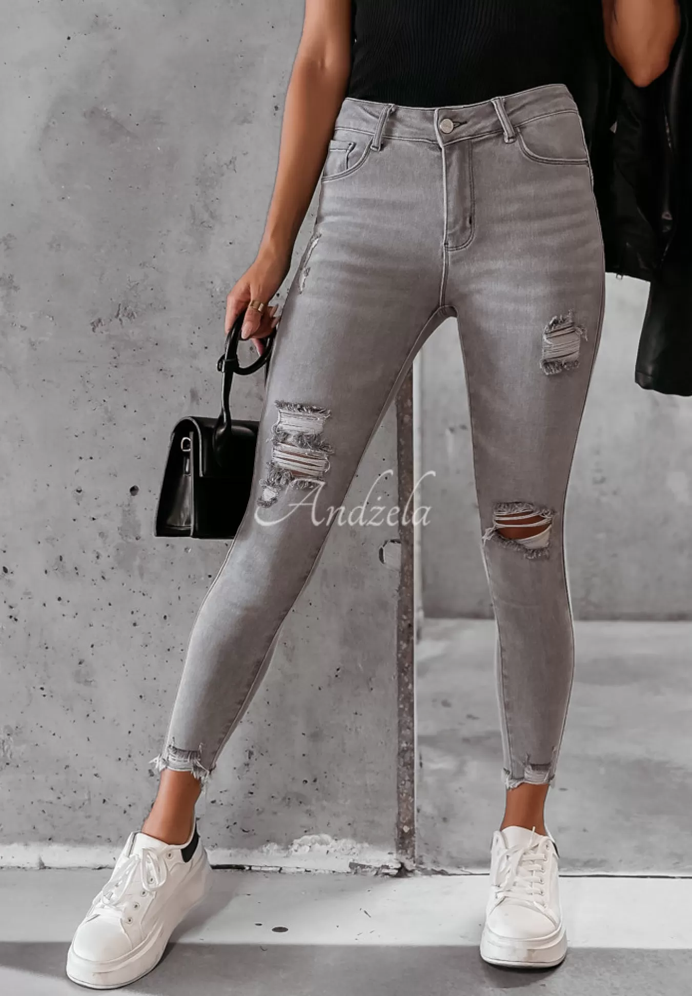 Cheap Spodnie Jeansowe Skinny Z Przetarciami I Will Be There Jasnoszare Kobieta Jeansy
