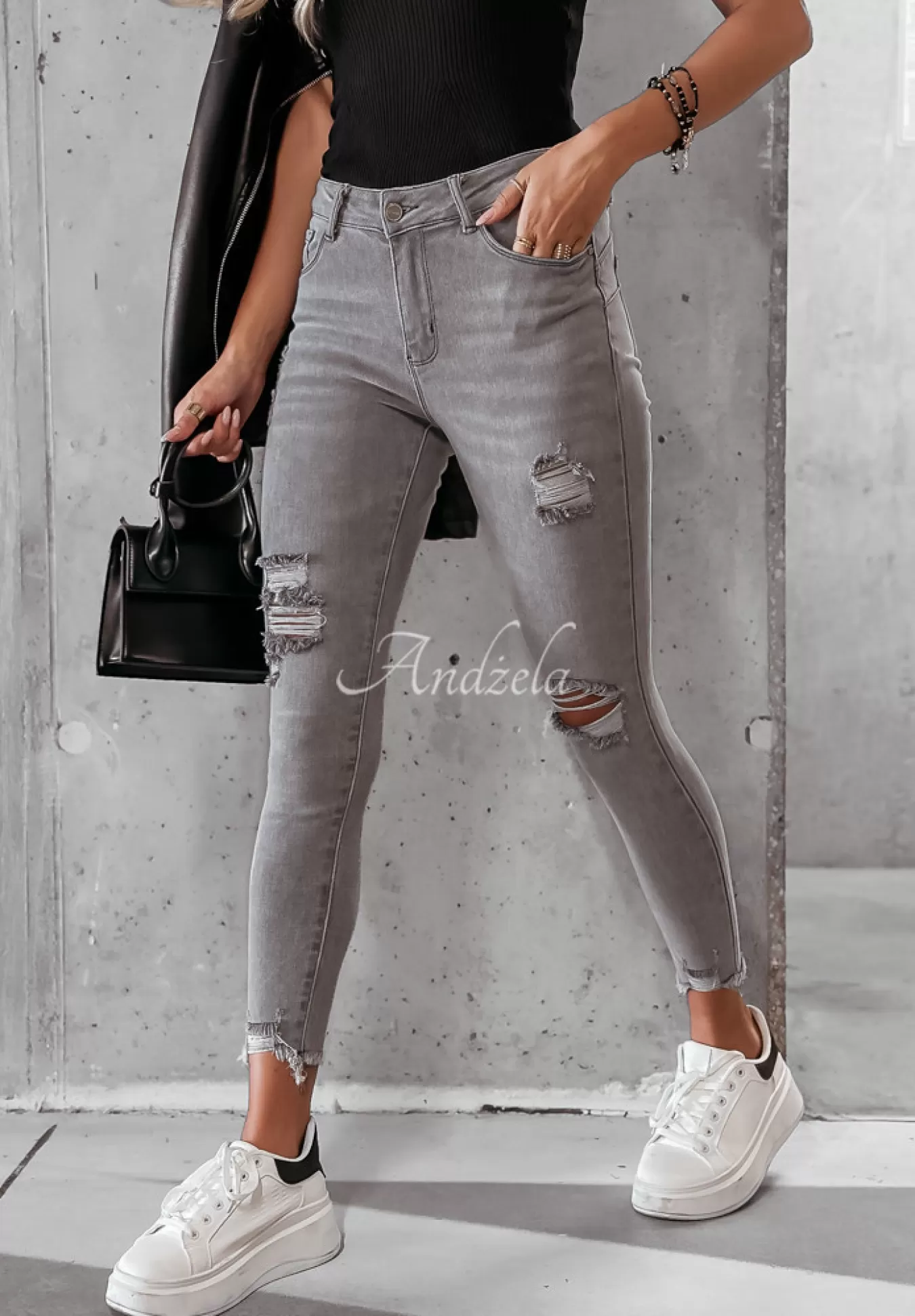Cheap Spodnie Jeansowe Skinny Z Przetarciami I Will Be There Jasnoszare Kobieta Jeansy