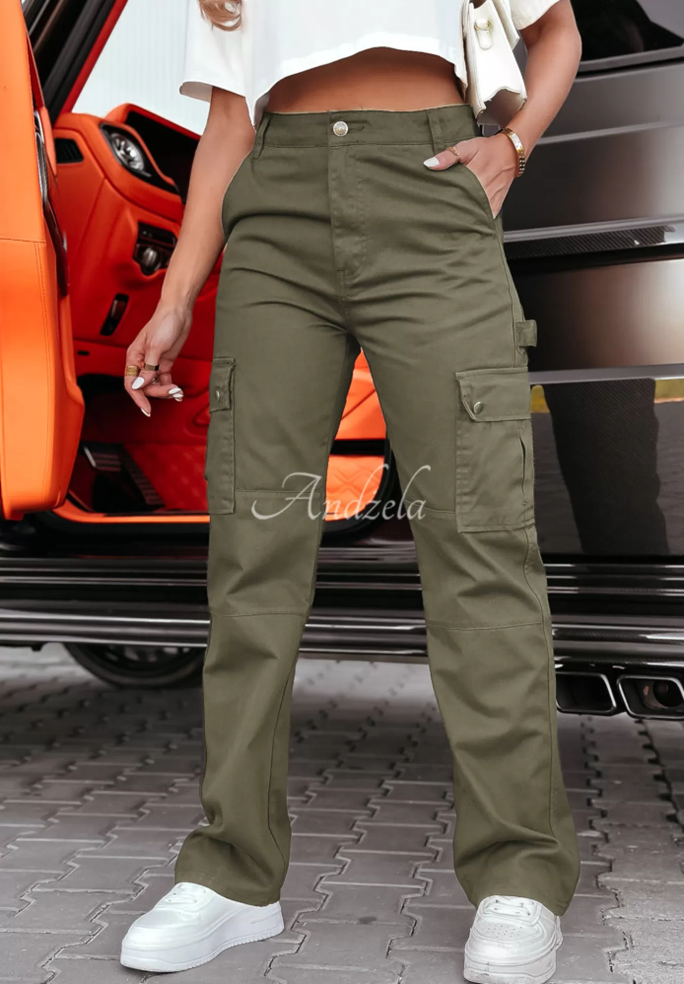 Fashion Spodnie Jeansowe Straight Cargo Z Kieszeniami Keaton Khaki Kobieta Jeansy