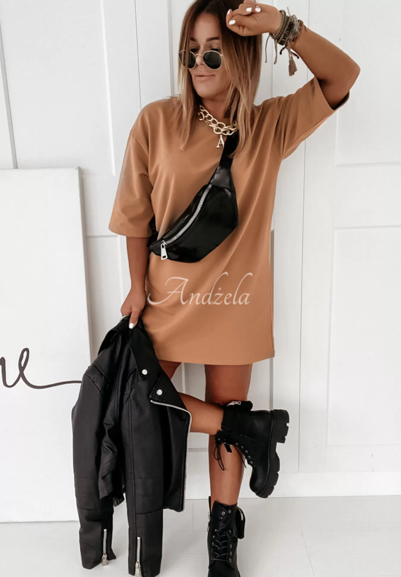 Shop Sukienka Tunika Mini Federica Camelowa Kobieta Sukienki