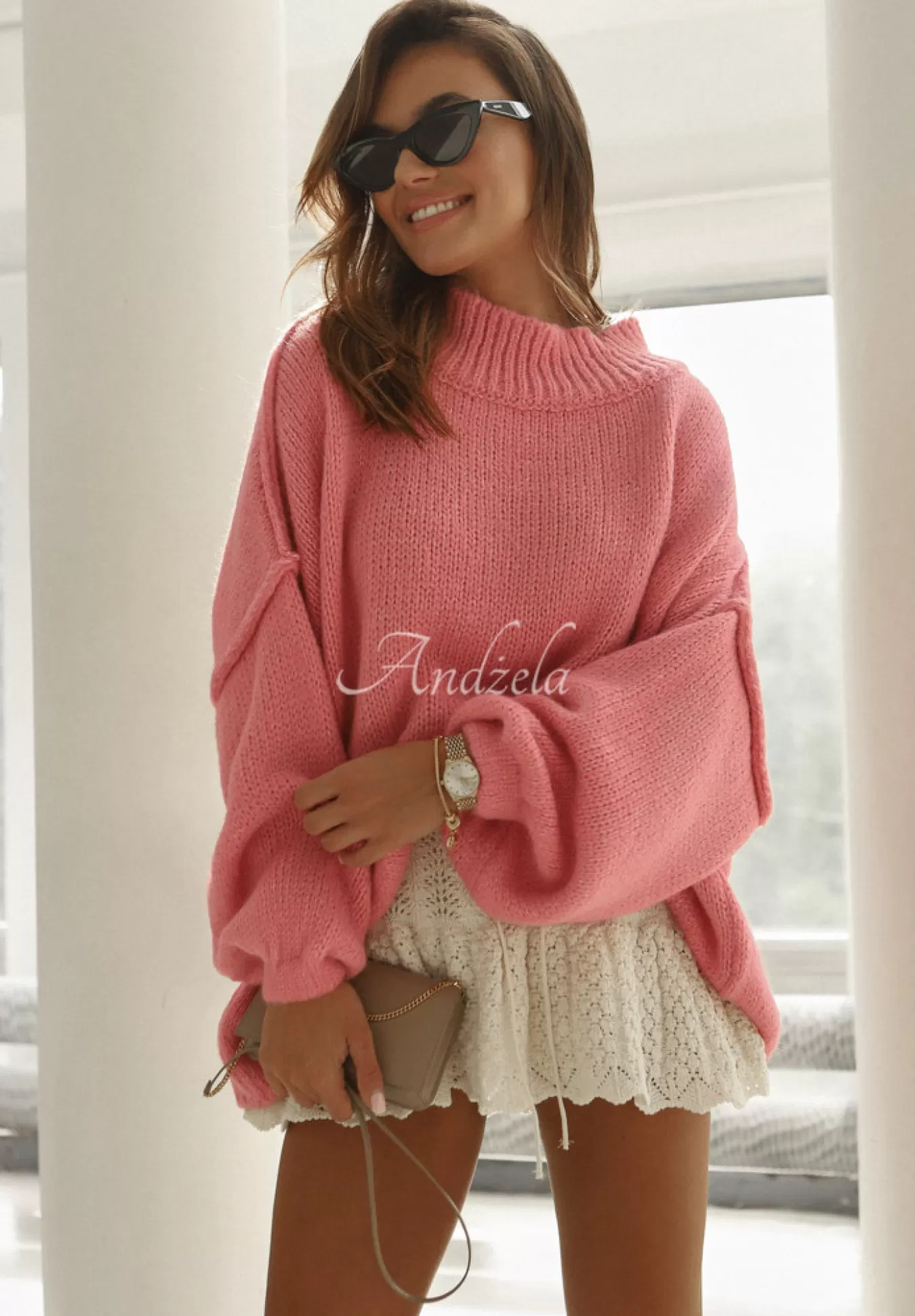 New Sweter Oversize Z Bufkami Cocomore Corazon Rozowy Kobieta Swetry