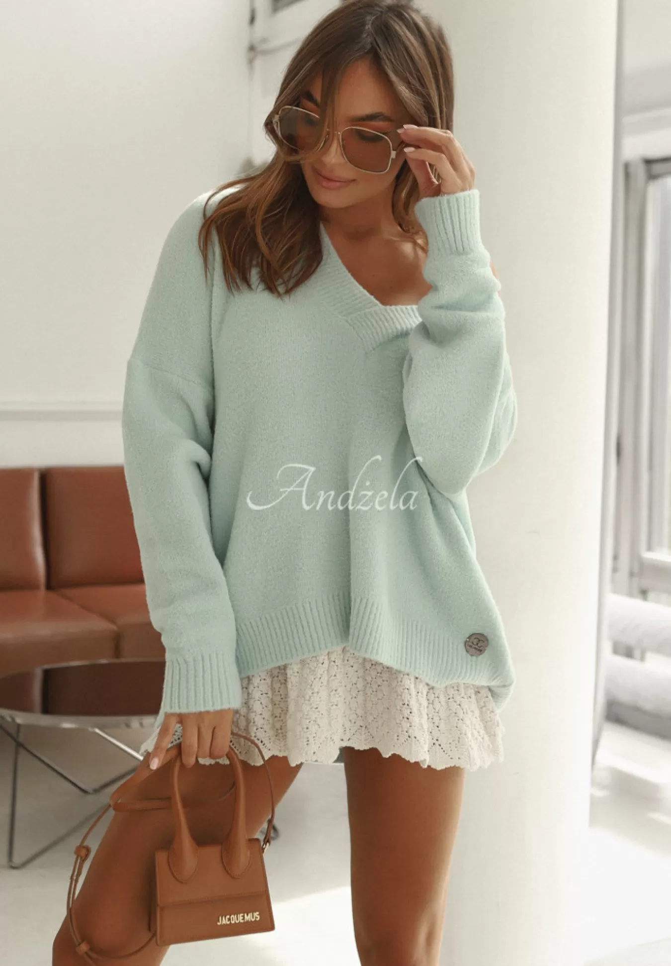 Store Sweter Oversize Z Dekoltem Cocomore Marshmallow Touch Blekitny Kobieta Swetry