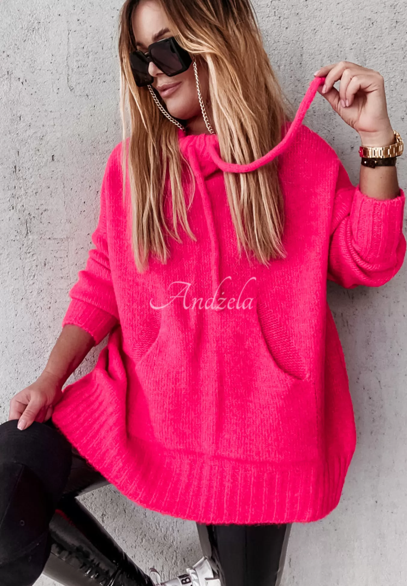 New Sweter Oversize Z Kapturem Carra Neonowy Rozowy Kobieta Swetry