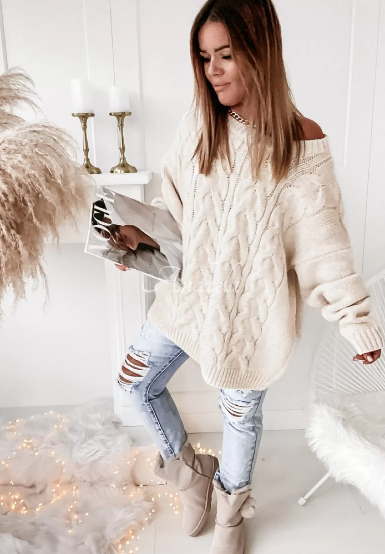 Sale Sweter Oversize Z Ozdobnym Splotem Cocomore Tressa Ecru Kobieta Swetry