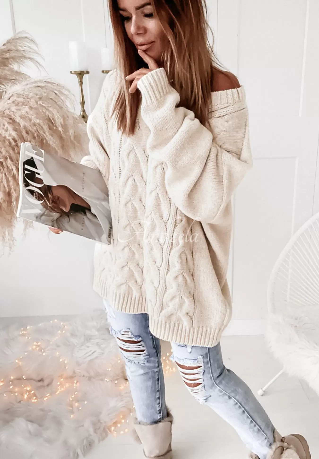 Sale Sweter Oversize Z Ozdobnym Splotem Cocomore Tressa Ecru Kobieta Swetry