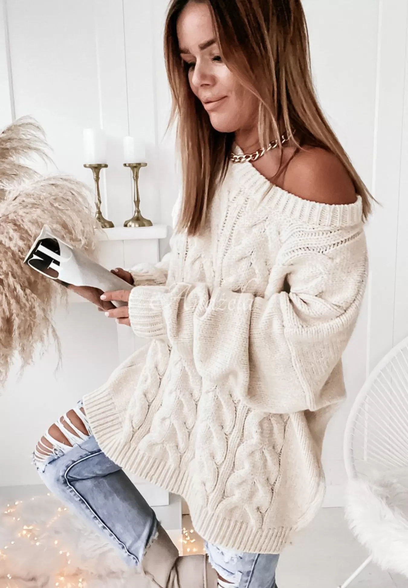 Sale Sweter Oversize Z Ozdobnym Splotem Cocomore Tressa Ecru Kobieta Swetry