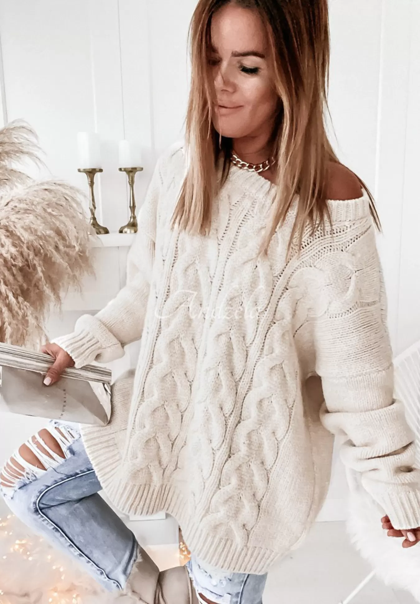Sale Sweter Oversize Z Ozdobnym Splotem Cocomore Tressa Ecru Kobieta Swetry