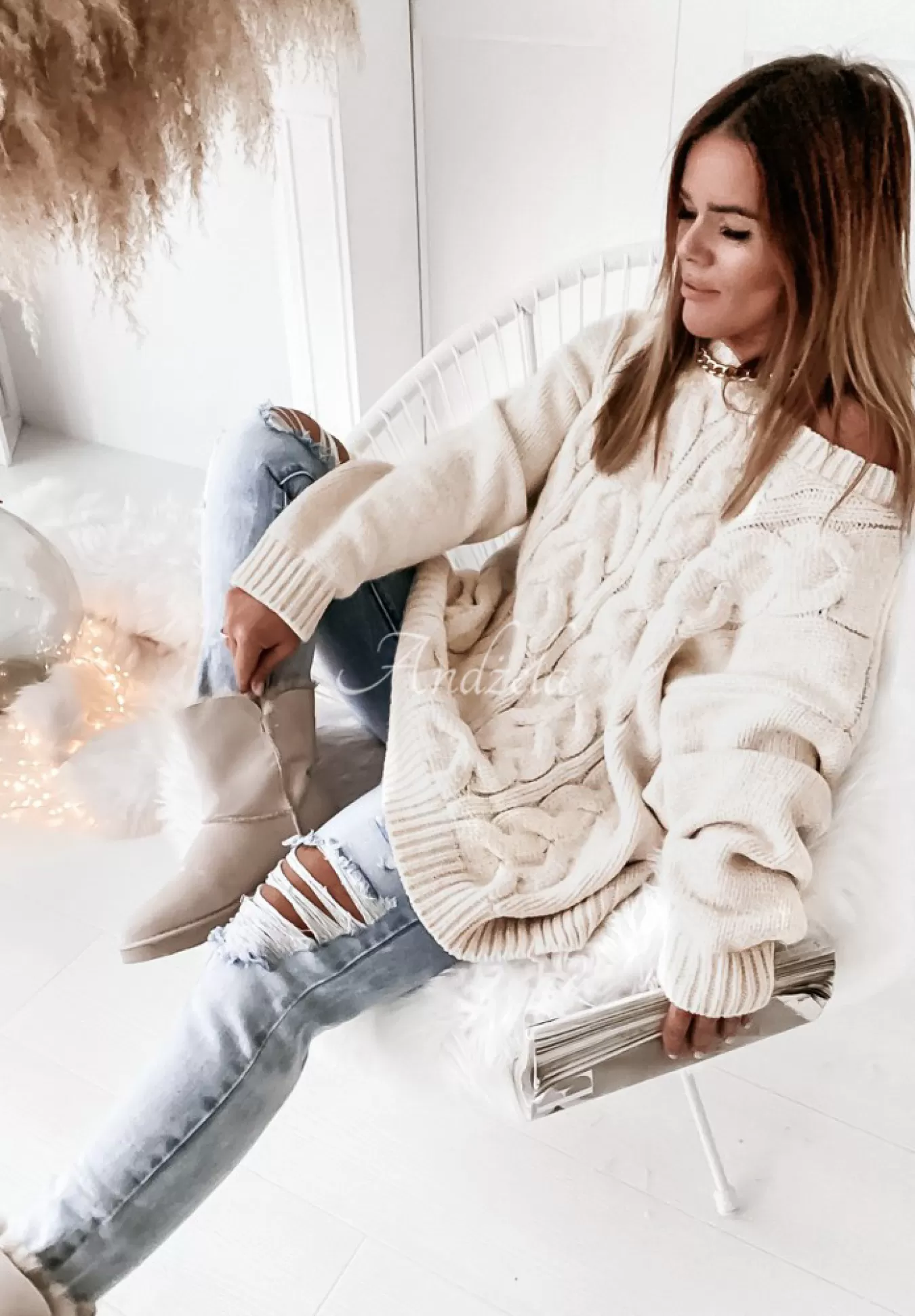 Sale Sweter Oversize Z Ozdobnym Splotem Cocomore Tressa Ecru Kobieta Swetry