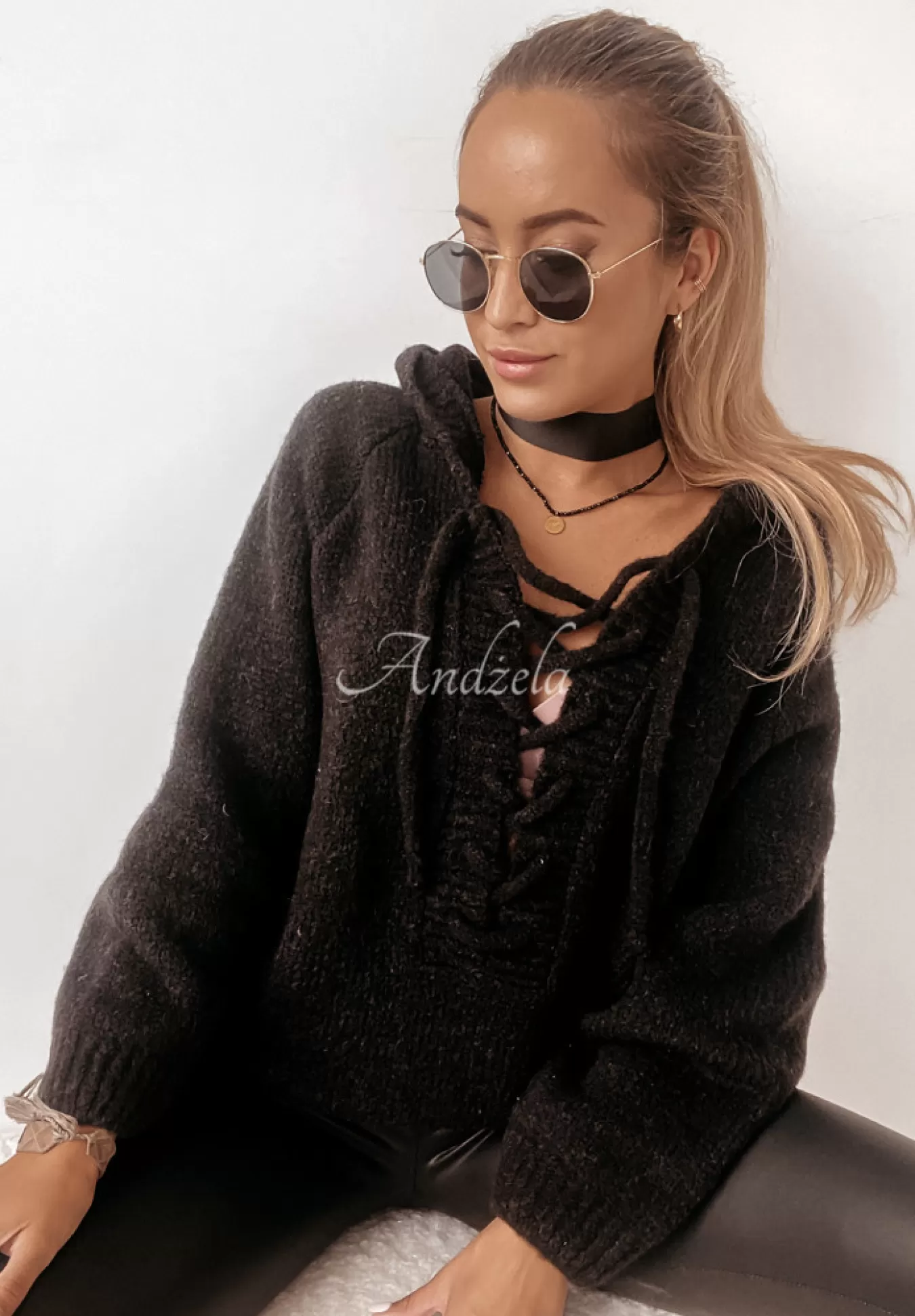 Clearance Sweter Oversize Ze Sznurowaniem I Kapturem Laossi Czarny Kobieta Swetry