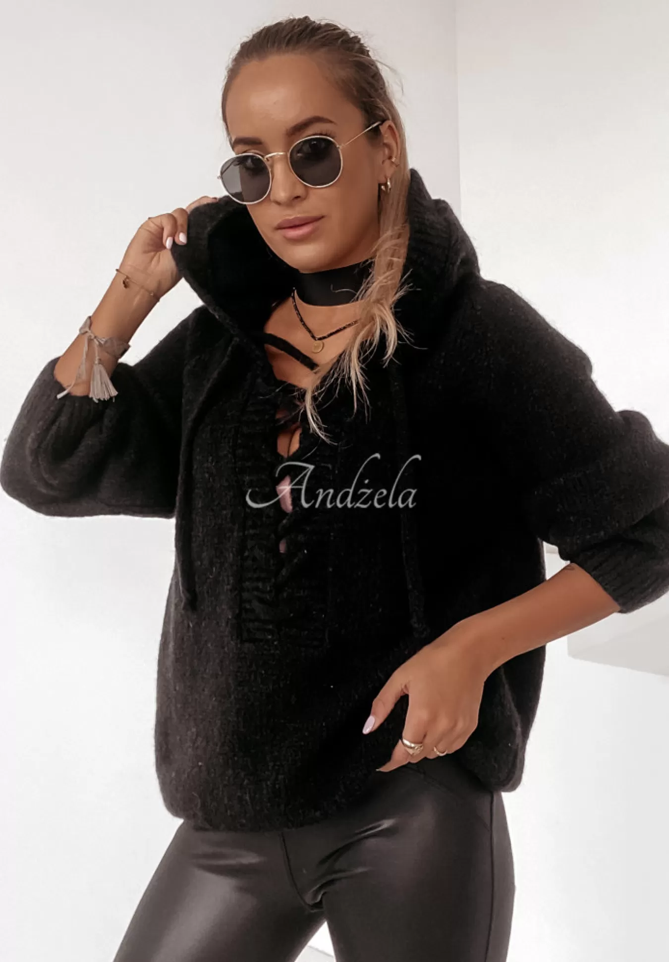 Clearance Sweter Oversize Ze Sznurowaniem I Kapturem Laossi Czarny Kobieta Swetry