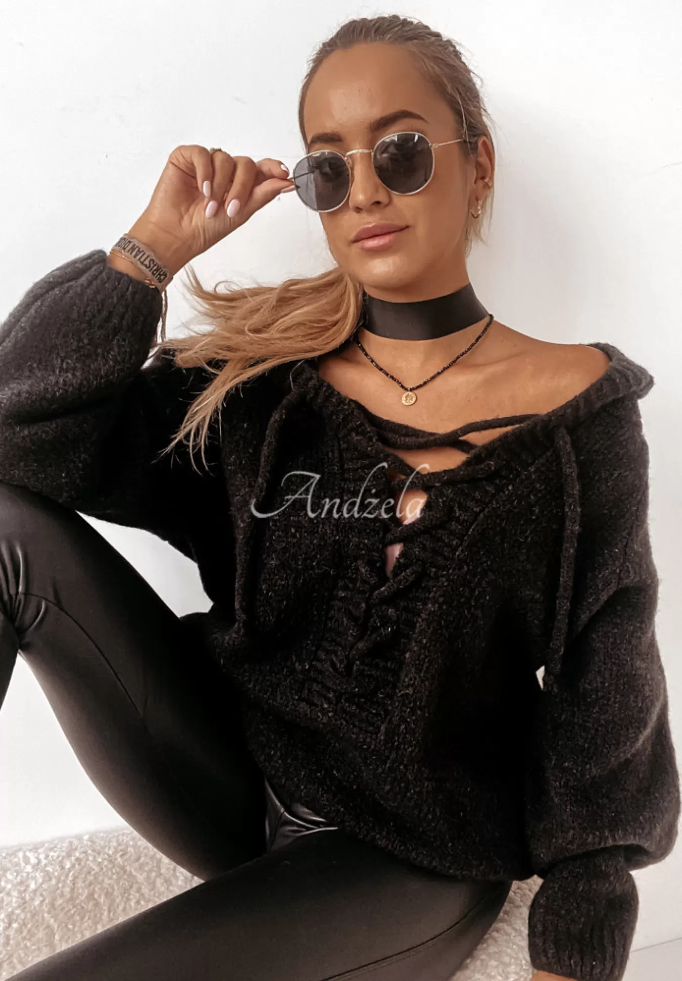 Clearance Sweter Oversize Ze Sznurowaniem I Kapturem Laossi Czarny Kobieta Swetry