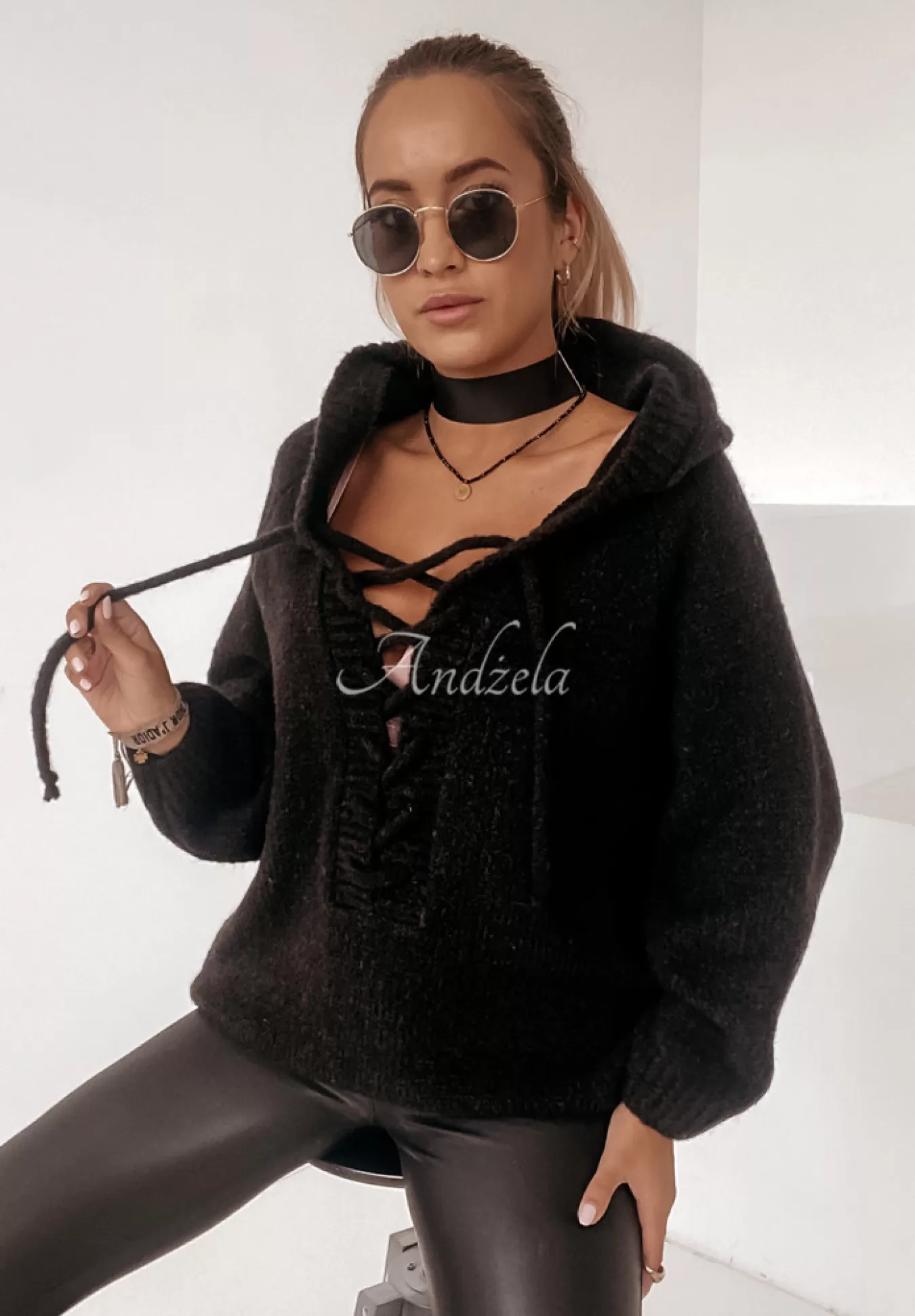 Clearance Sweter Oversize Ze Sznurowaniem I Kapturem Laossi Czarny Kobieta Swetry