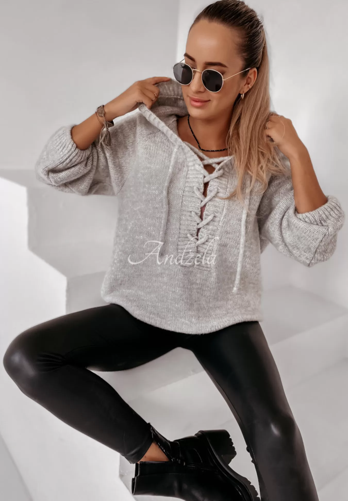 Hot Sweter Oversize Ze Sznurowaniem I Kapturem Laossi Szary Kobieta Swetry