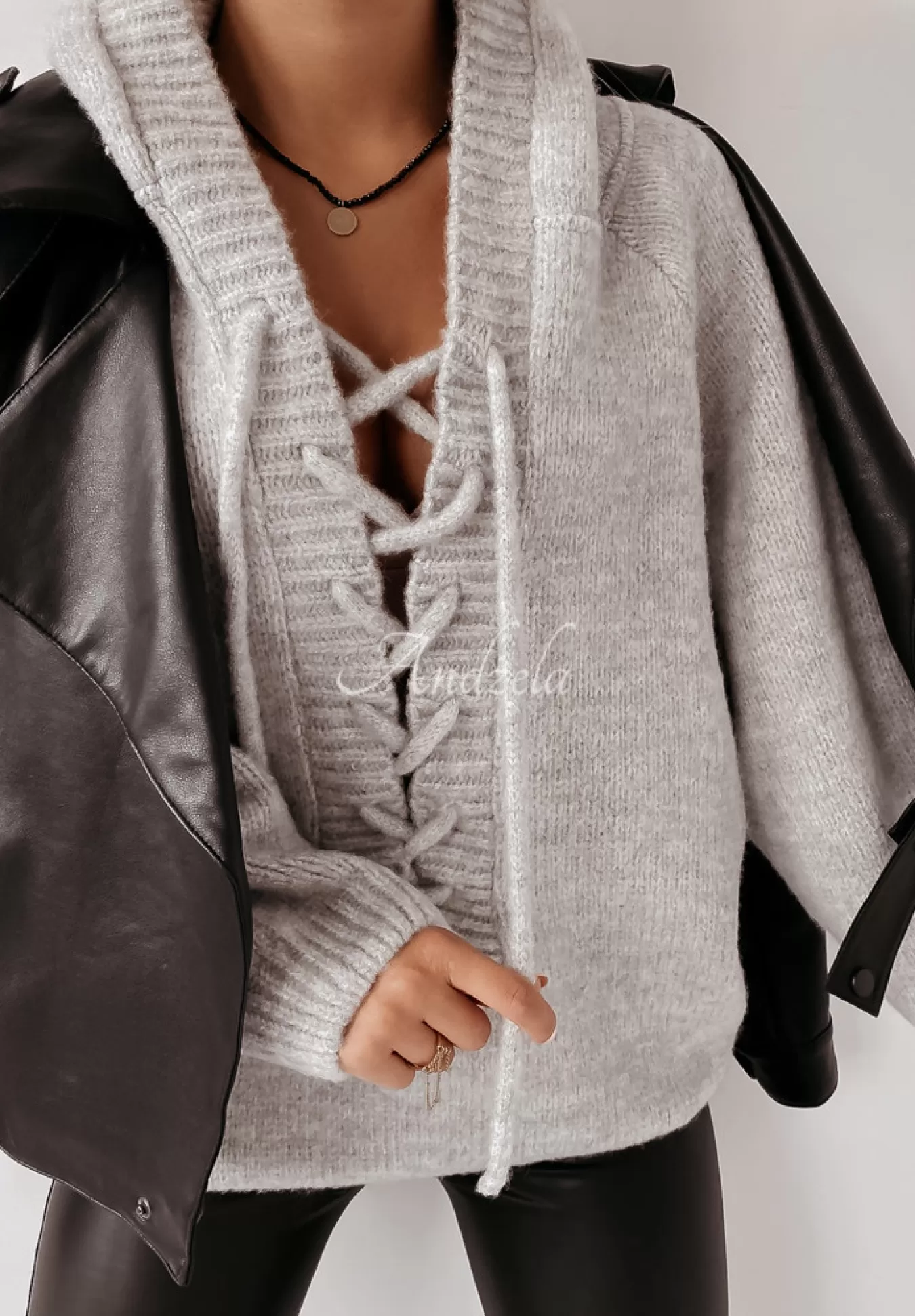 Hot Sweter Oversize Ze Sznurowaniem I Kapturem Laossi Szary Kobieta Swetry