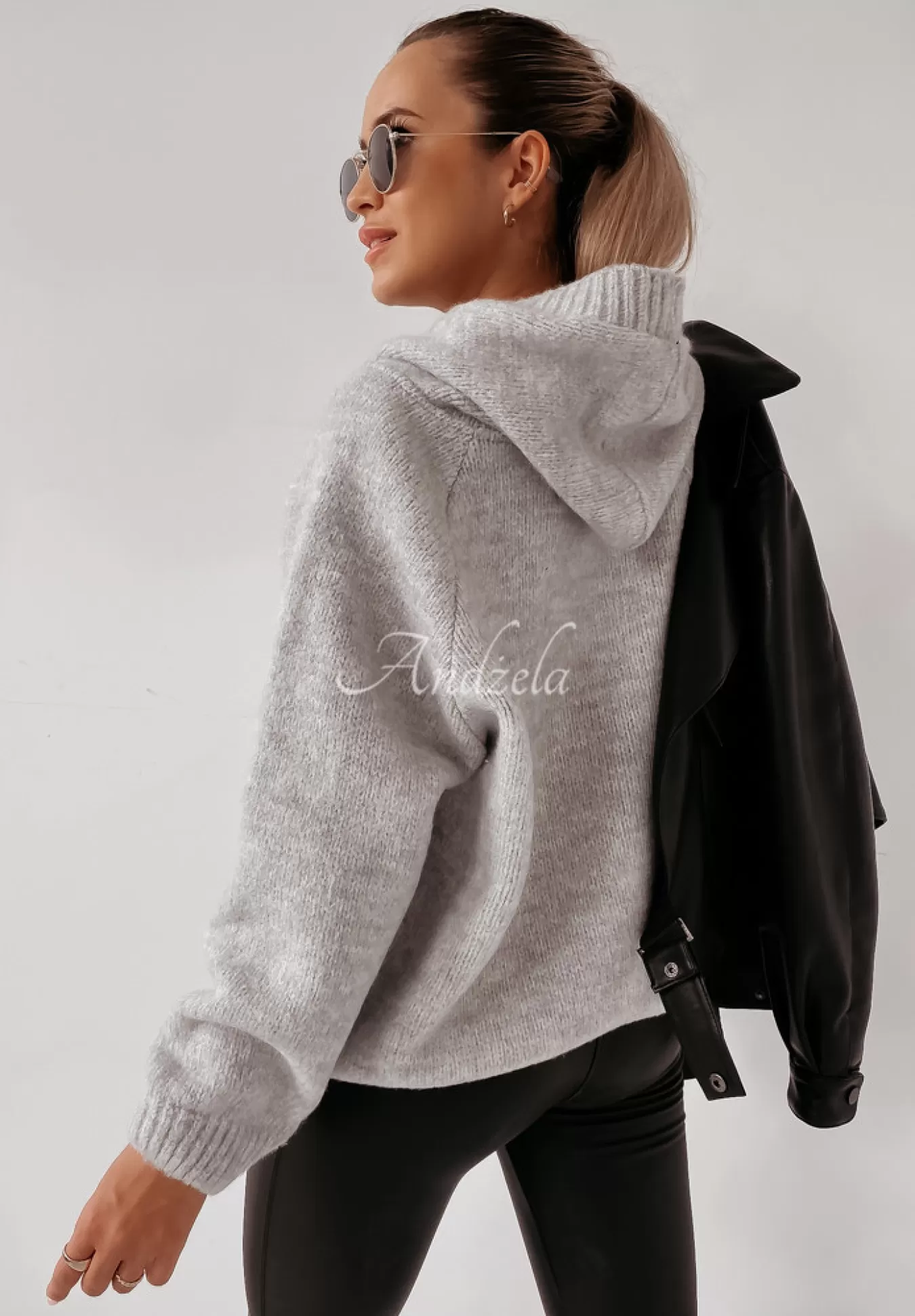 Hot Sweter Oversize Ze Sznurowaniem I Kapturem Laossi Szary Kobieta Swetry