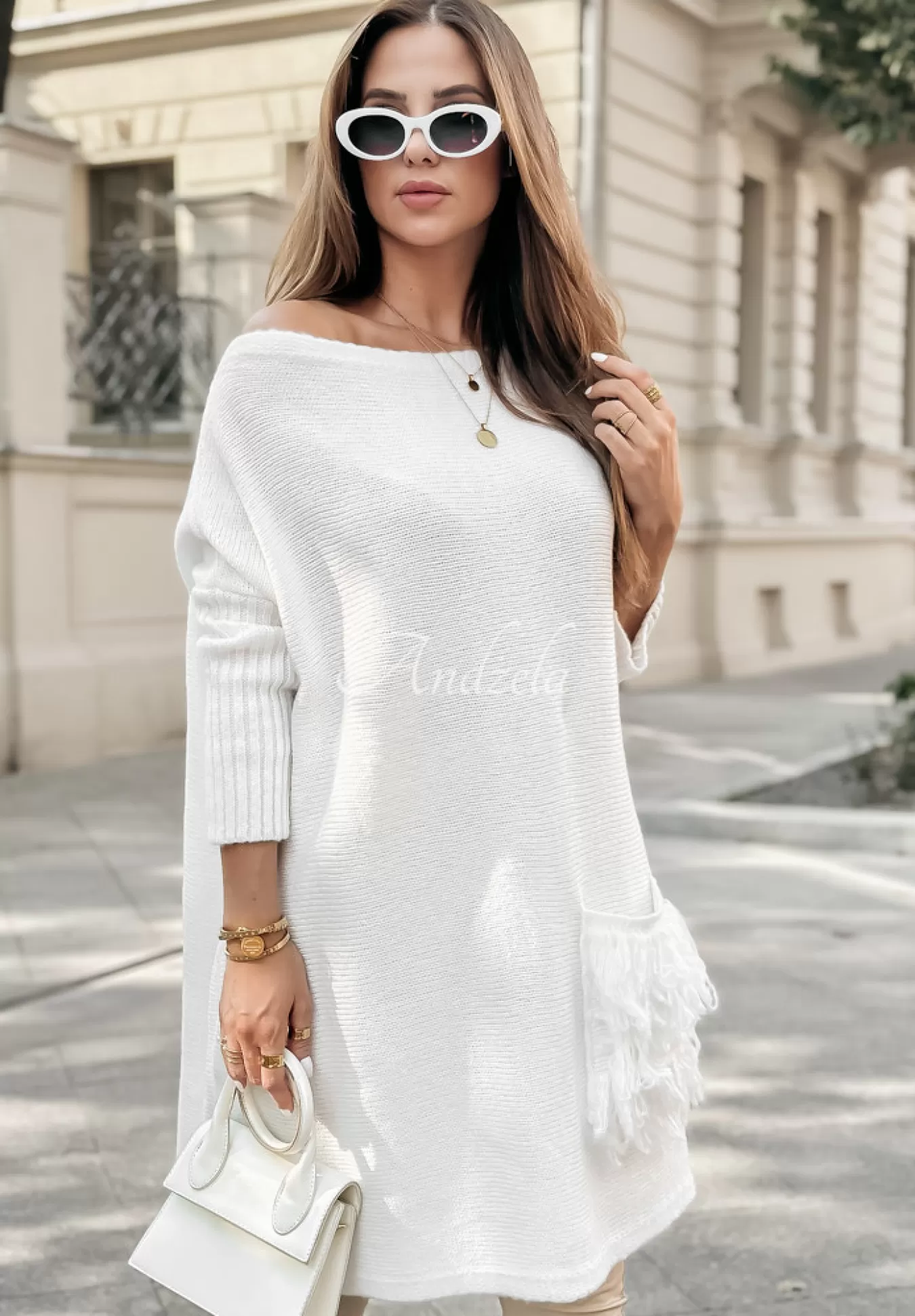 Shop Sweter Sukienka Oversize Z Fredzlami Hot Tea Ecru Kobieta Swetry