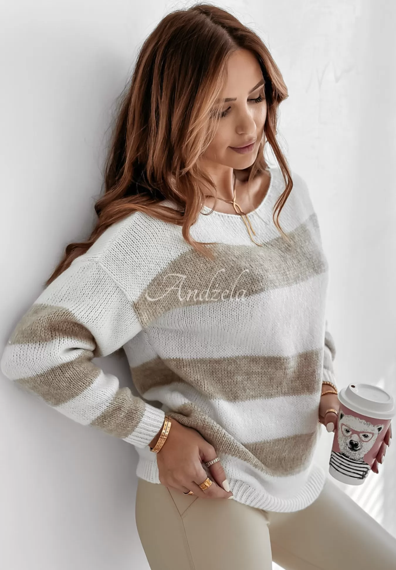 Best Sale Sweter W Paski Colorful Autumn Bialo-Bezowy Kobieta Swetry