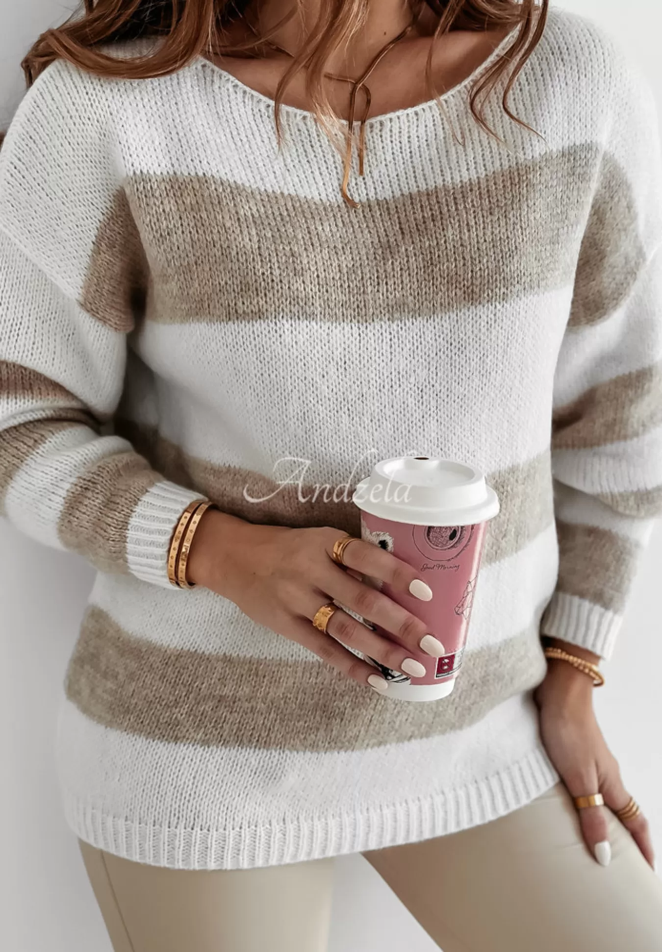 Best Sale Sweter W Paski Colorful Autumn Bialo-Bezowy Kobieta Swetry