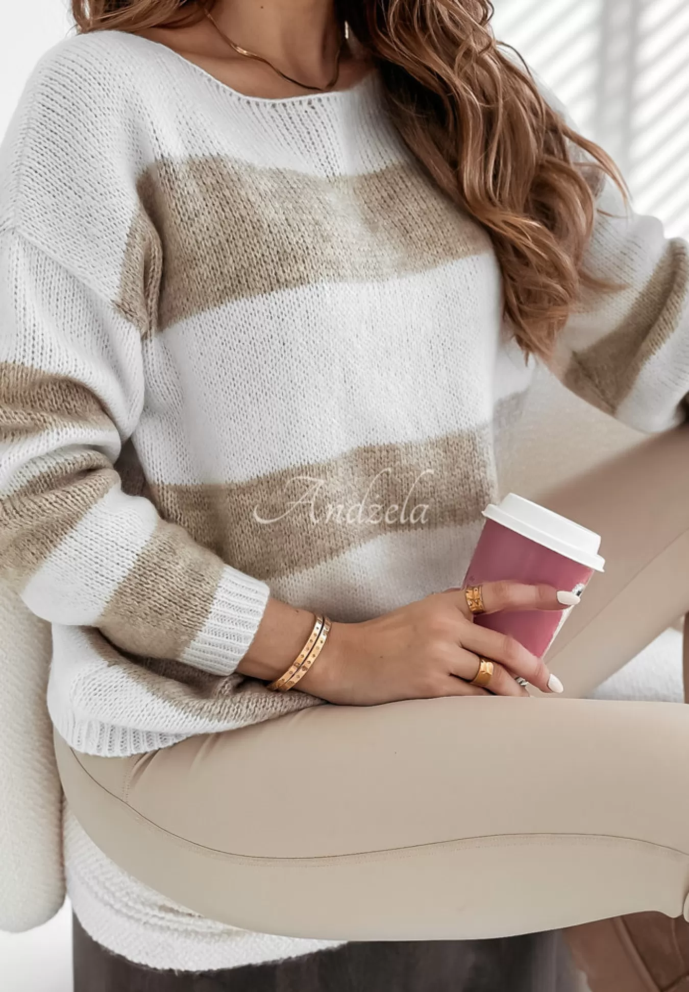 Best Sale Sweter W Paski Colorful Autumn Bialo-Bezowy Kobieta Swetry