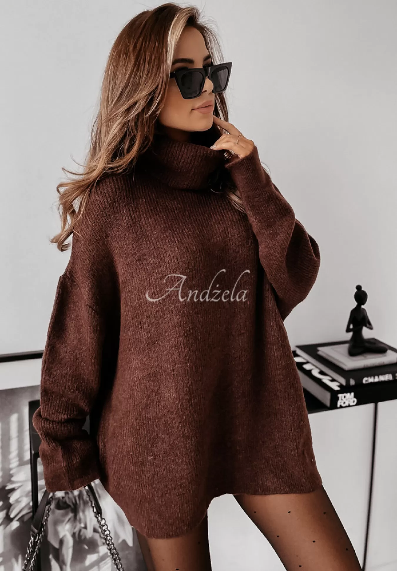 New Sweter Z Golfem Mavi Czekoladowy Kobieta Swetry