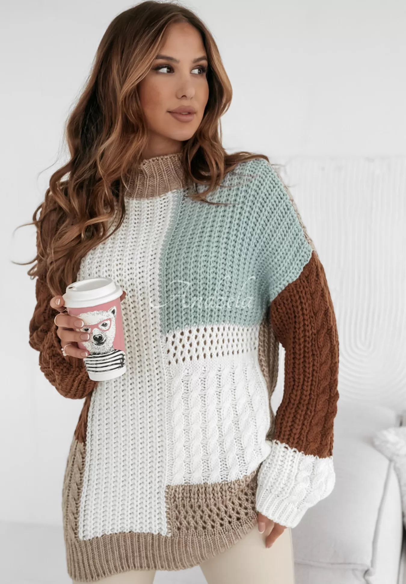 Flash Sale Sweter Z Ozdobnym Splotem Color Me Mine Czekoladowo-Bezowy Kobieta Swetry