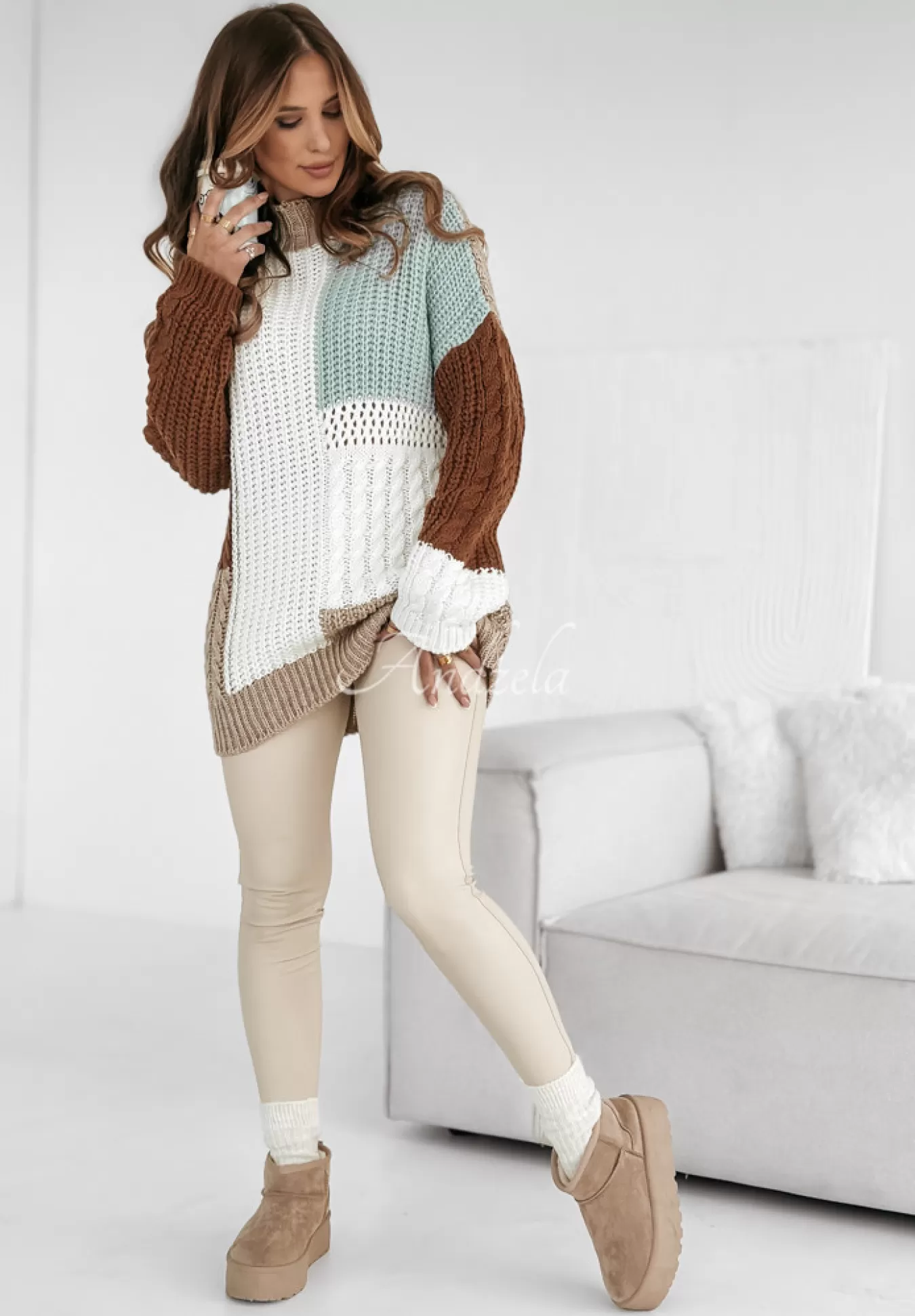 Flash Sale Sweter Z Ozdobnym Splotem Color Me Mine Czekoladowo-Bezowy Kobieta Swetry